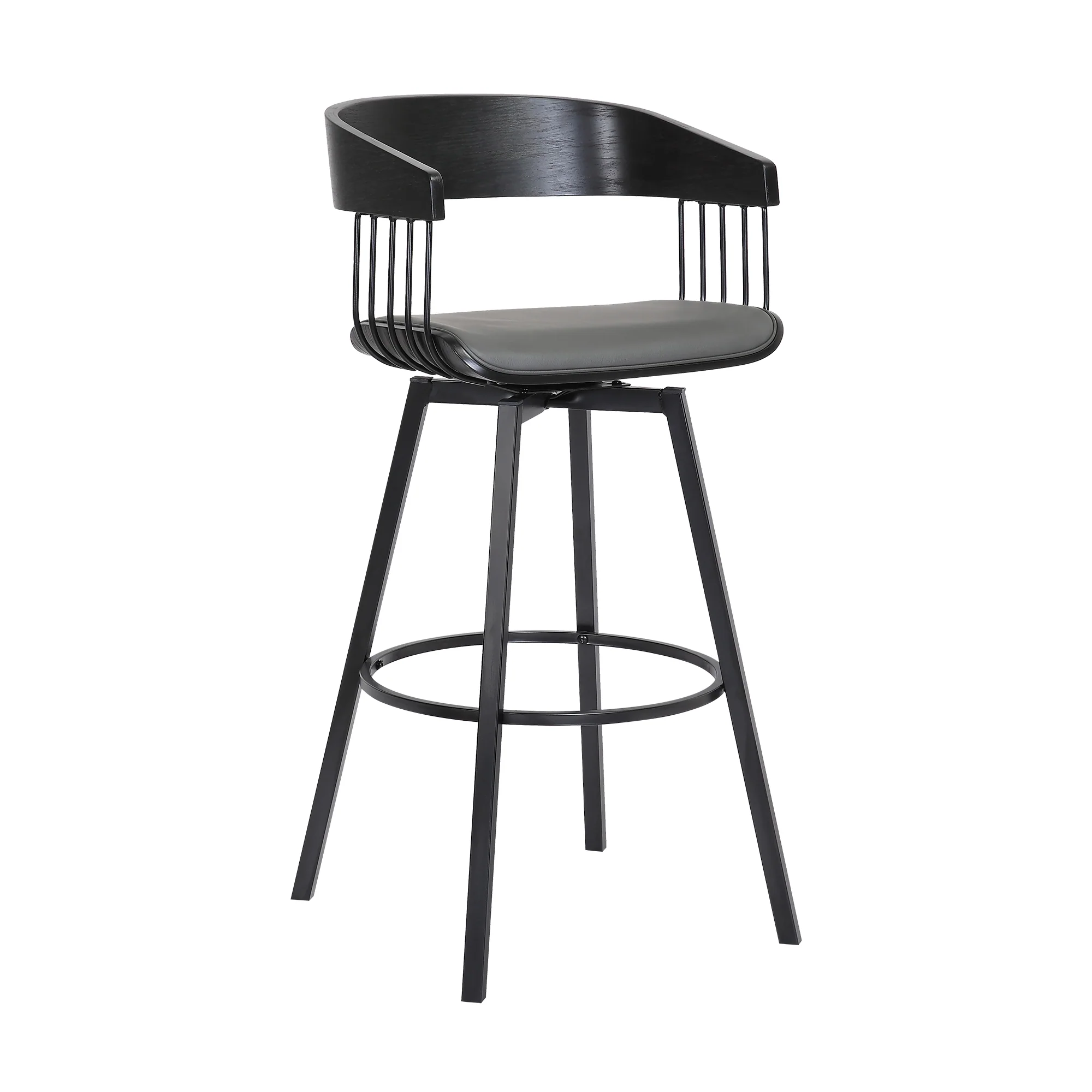 Athena 31" Swivel Black Wood Bar Stool in Grey Faux Leather with Black Metal By Armen Living - Image 2