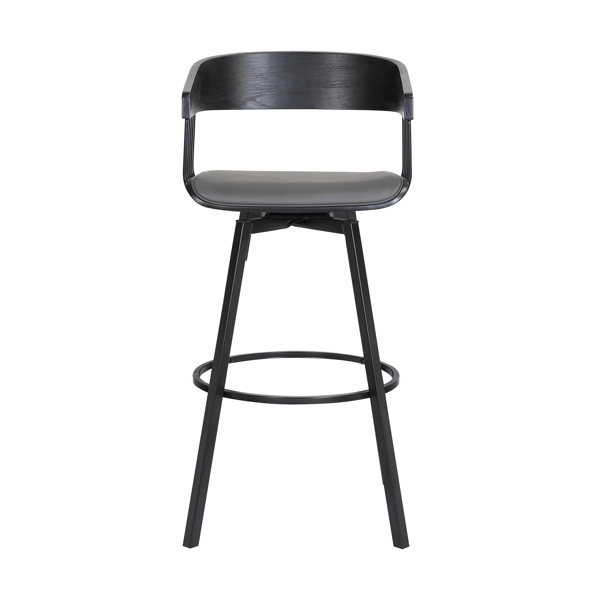 Athena 31" Swivel Black Wood Bar Stool in Grey Faux Leather with Black Metal By Armen Living - Image 3