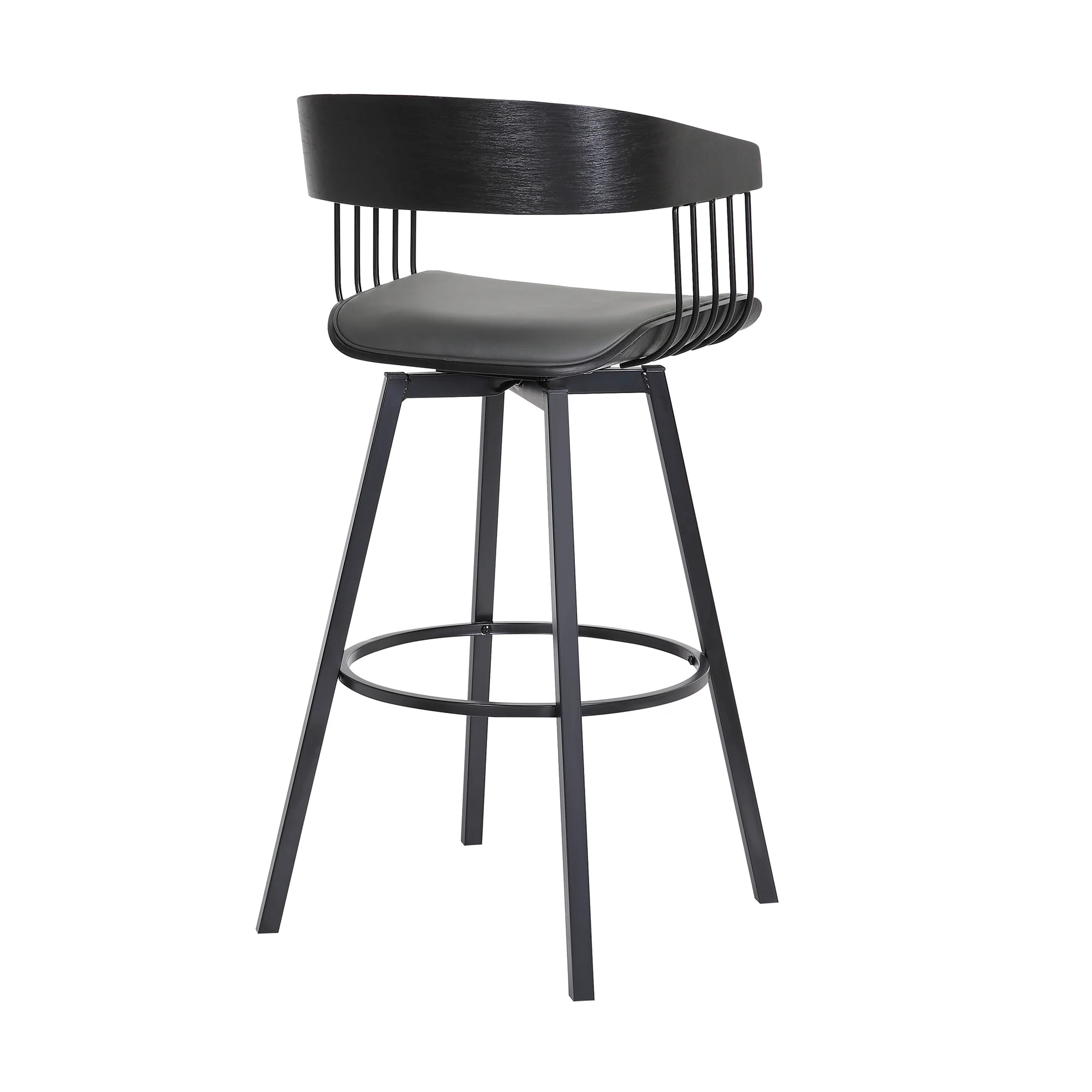 Athena 31" Swivel Black Wood Bar Stool in Grey Faux Leather with Black Metal By Armen Living - Image 5