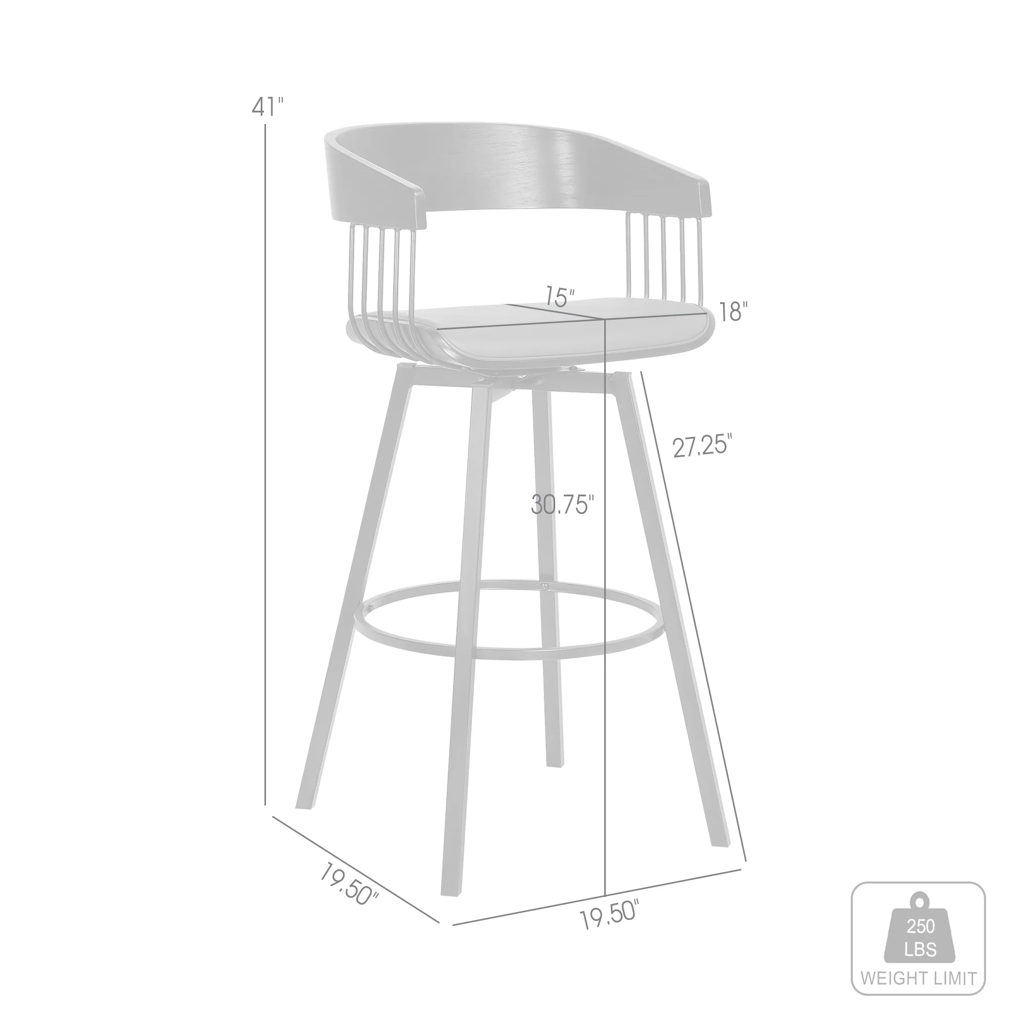 Athena 31" Swivel Black Wood Bar Stool in Grey Faux Leather with Black Metal By Armen Living - Image 9