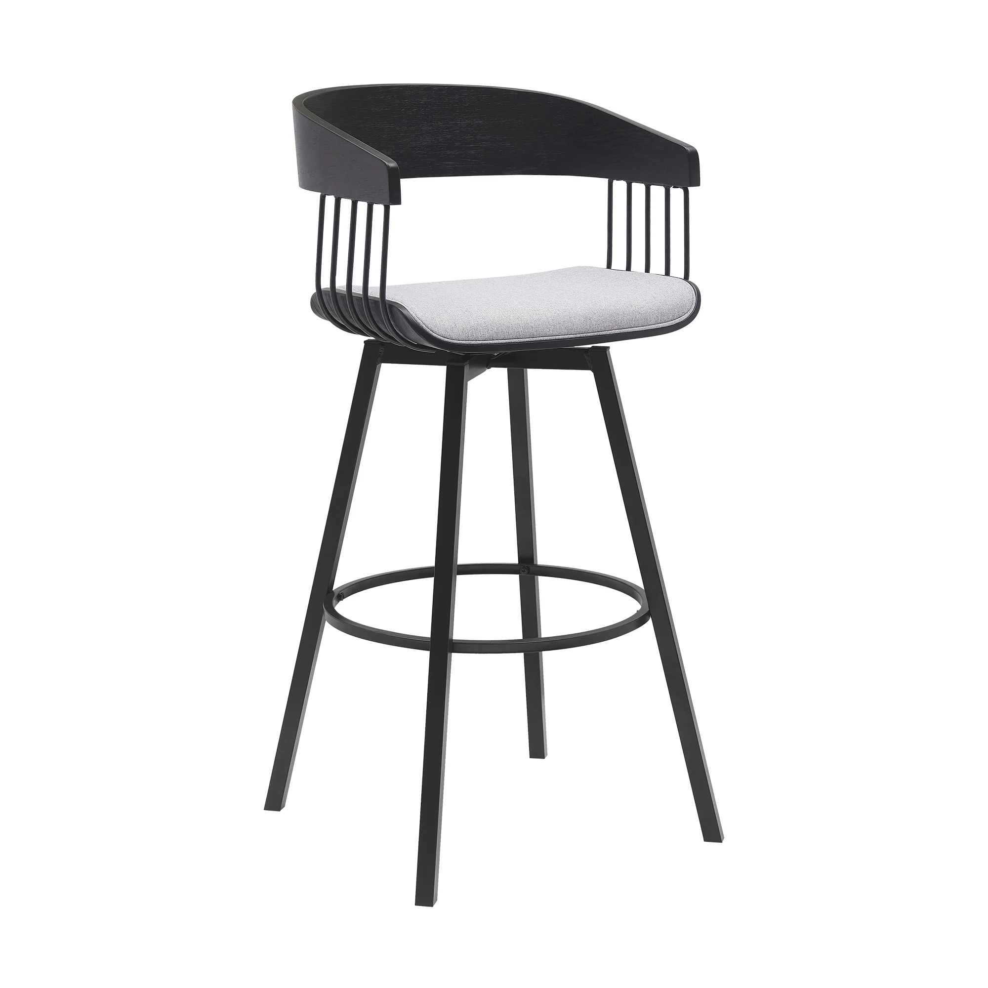 Athena 31" Swivel Black Wood Bar Stool in Light Gray Fabric with Black Metal By Armen Living - Image 2