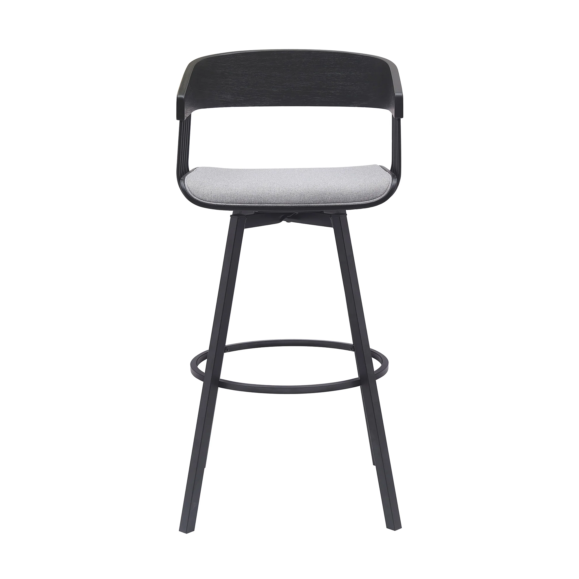 Athena 31" Swivel Black Wood Bar Stool in Light Gray Fabric with Black Metal By Armen Living - Image 3