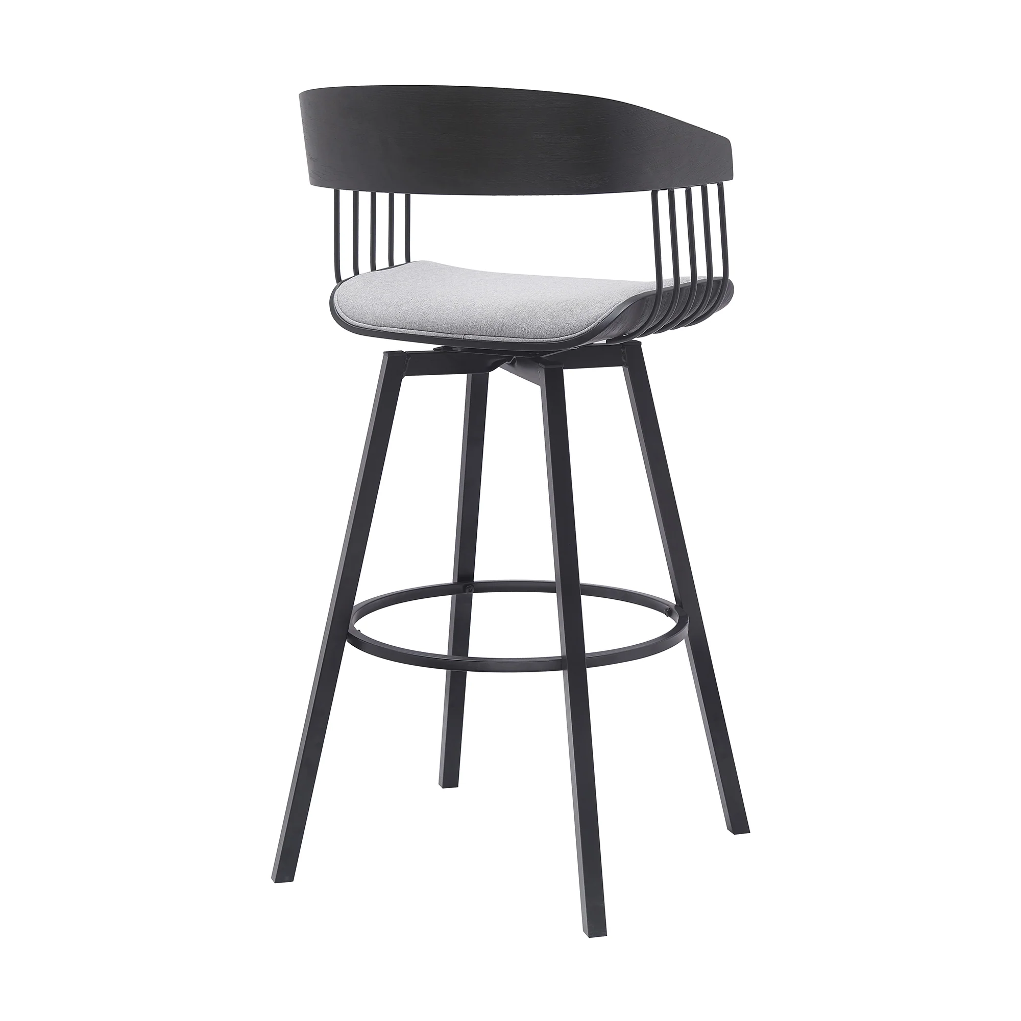 Athena 31" Swivel Black Wood Bar Stool in Light Gray Fabric with Black Metal By Armen Living - Image 4