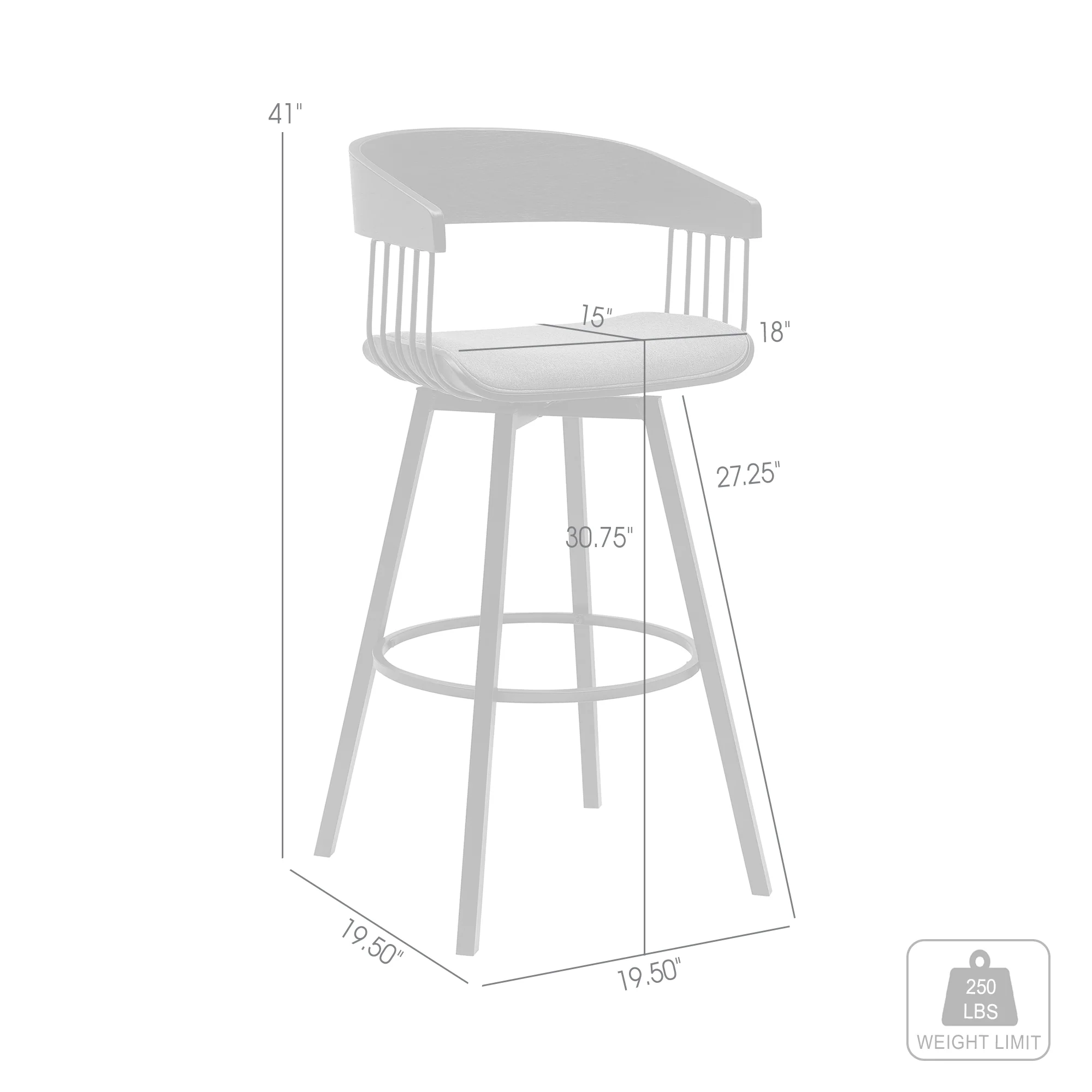 Athena 31" Swivel Black Wood Bar Stool in Light Gray Fabric with Black Metal By Armen Living - Image 7