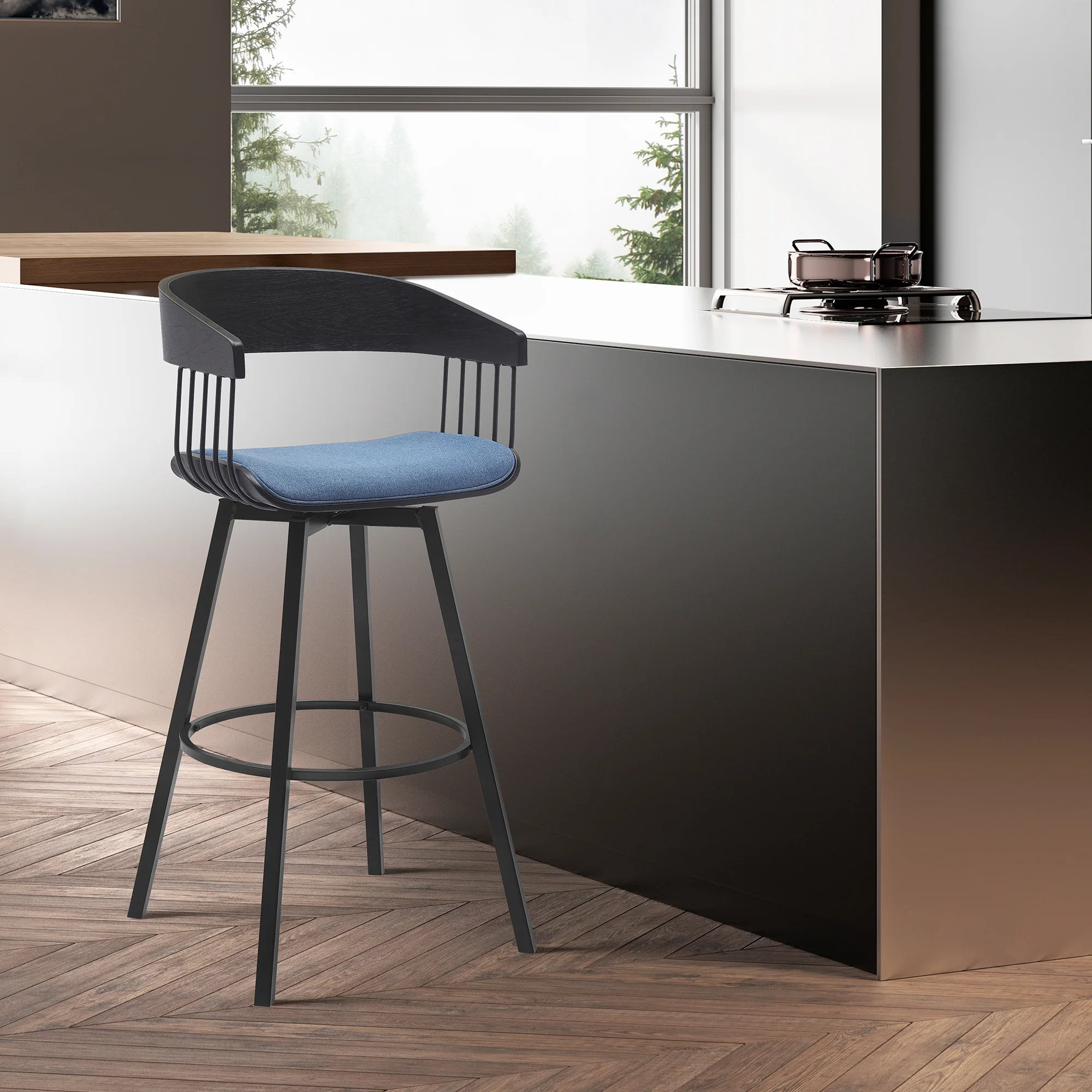 Athena 31" Swivel Black Wood Bar Stool in Light Gray Fabric with Black Metal By Armen Living - Image 8