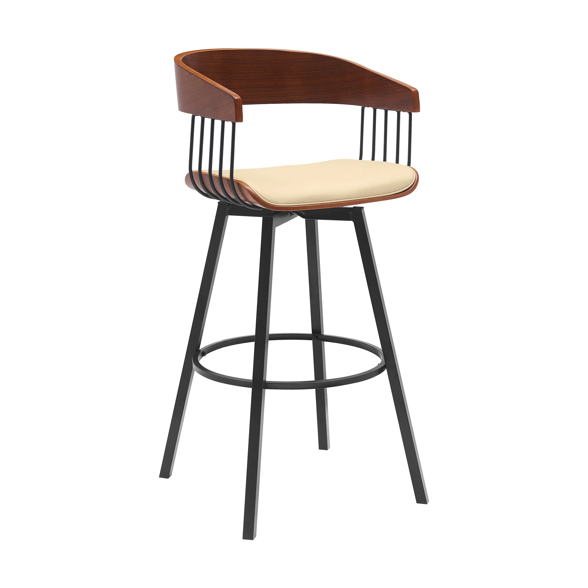 Athena 31" Swivel Walnut Wood Bar Stool in Black Faux Leather with Black Metal By Armen Living - Image 10