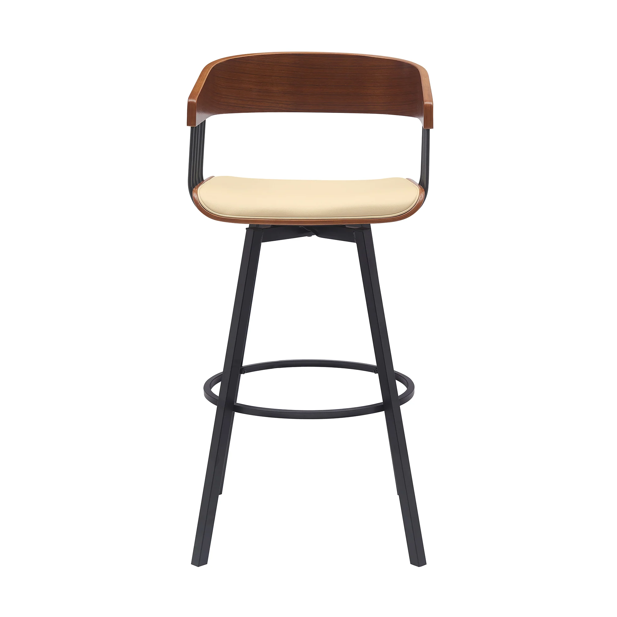 Athena 31" Swivel Walnut Wood Bar Stool in Black Faux Leather with Black Metal By Armen Living - Image 11