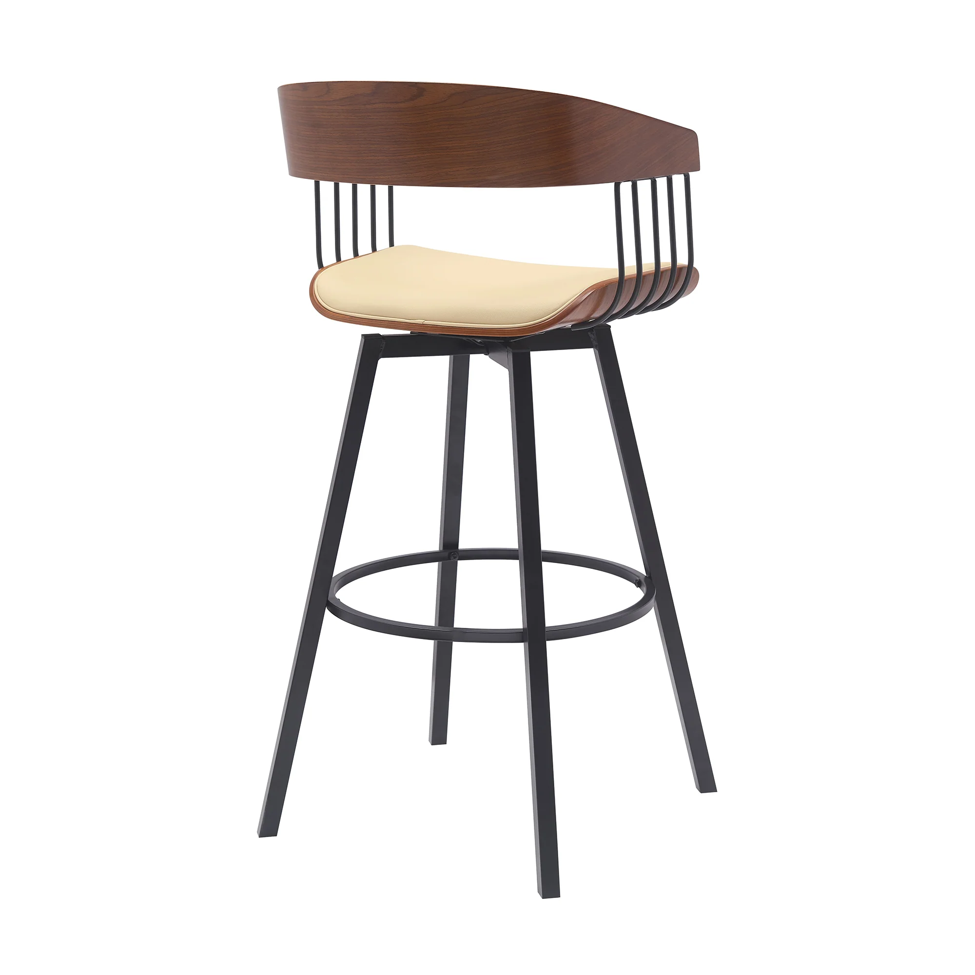 Athena 31" Swivel Walnut Wood Bar Stool in Black Faux Leather with Black Metal By Armen Living - Image 12