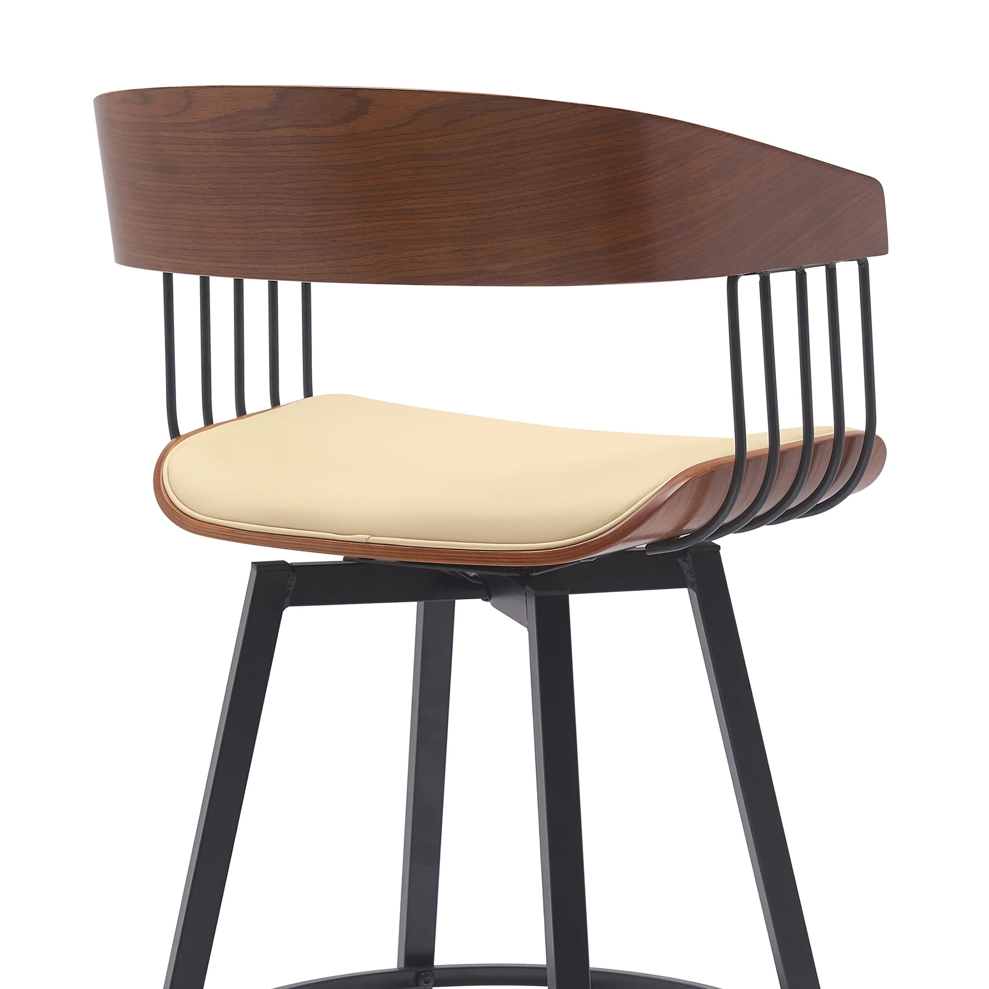 Athena 31" Swivel Walnut Wood Bar Stool in Black Faux Leather with Black Metal By Armen Living - Image 13