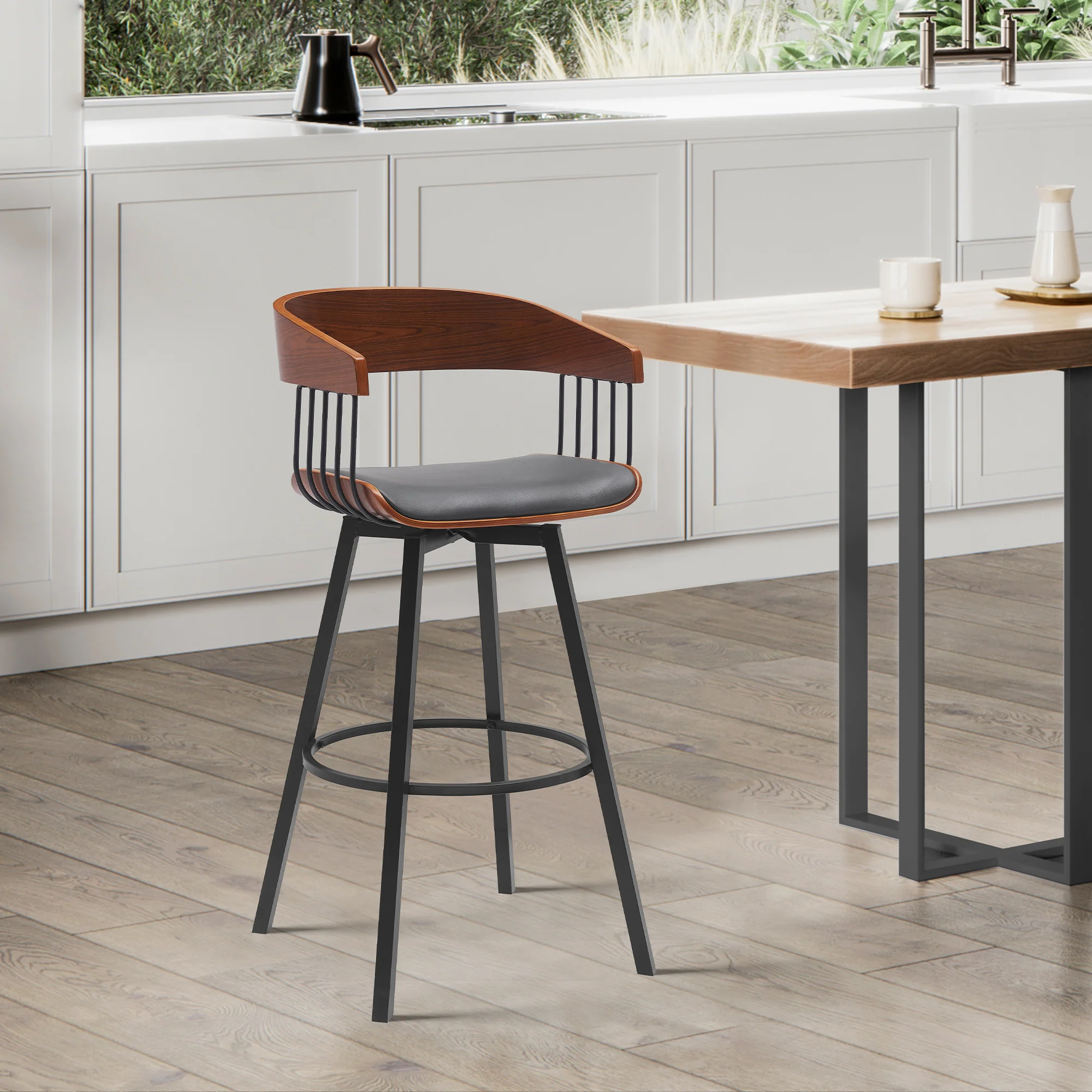 Athena 31" Swivel Walnut Wood Bar Stool in Black Faux Leather with Black Metal By Armen Living - Image 17