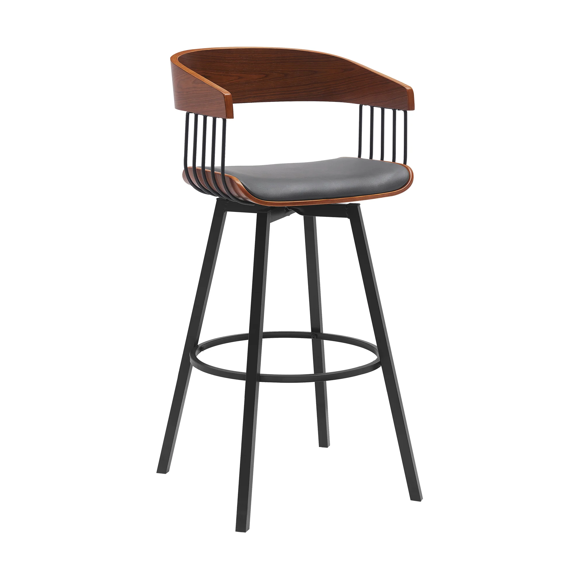 Athena 31" Swivel Walnut Wood Bar Stool in Black Faux Leather with Black Metal By Armen Living - Image 18