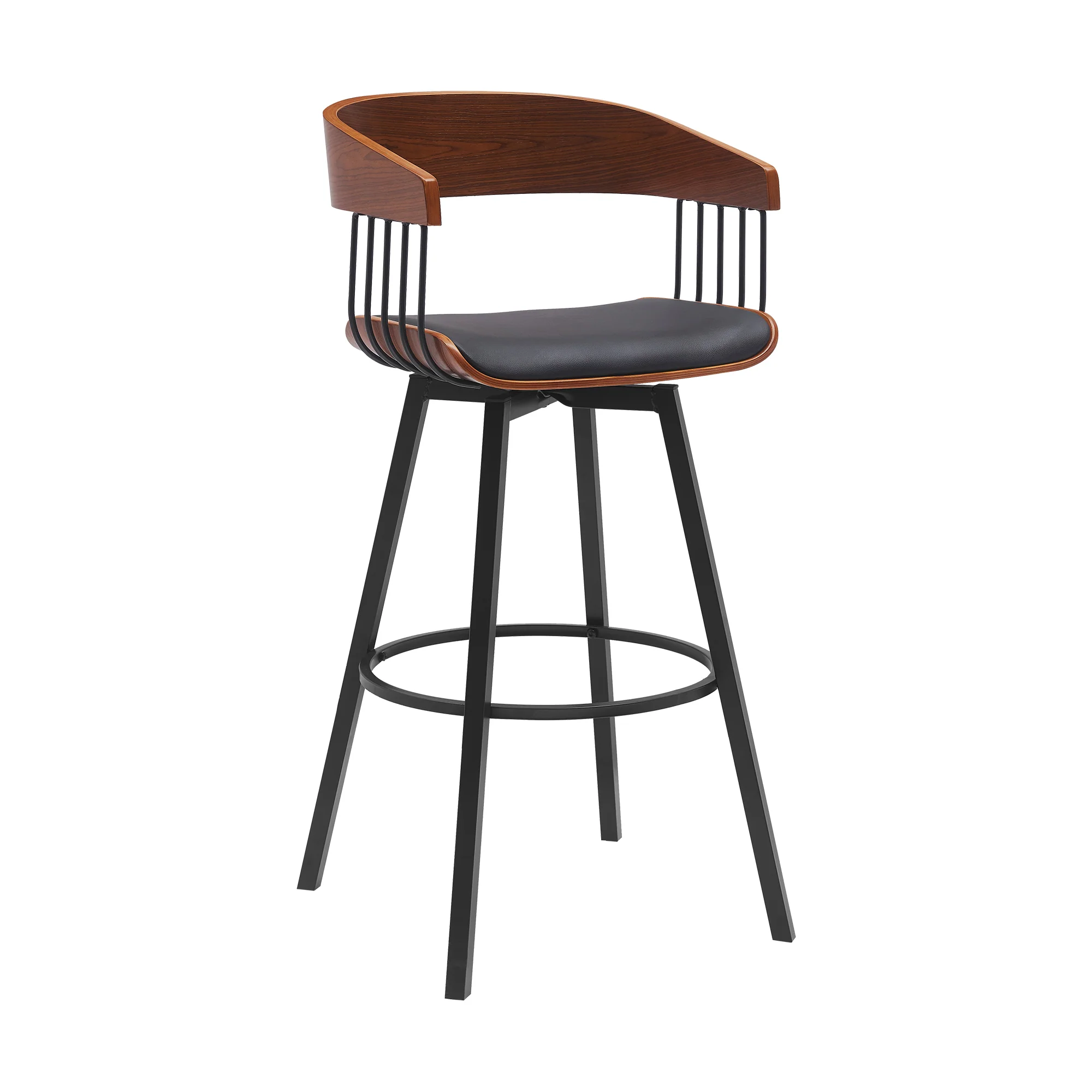 Athena 31" Swivel Walnut Wood Bar Stool in Black Faux Leather with Black Metal By Armen Living - Image 2