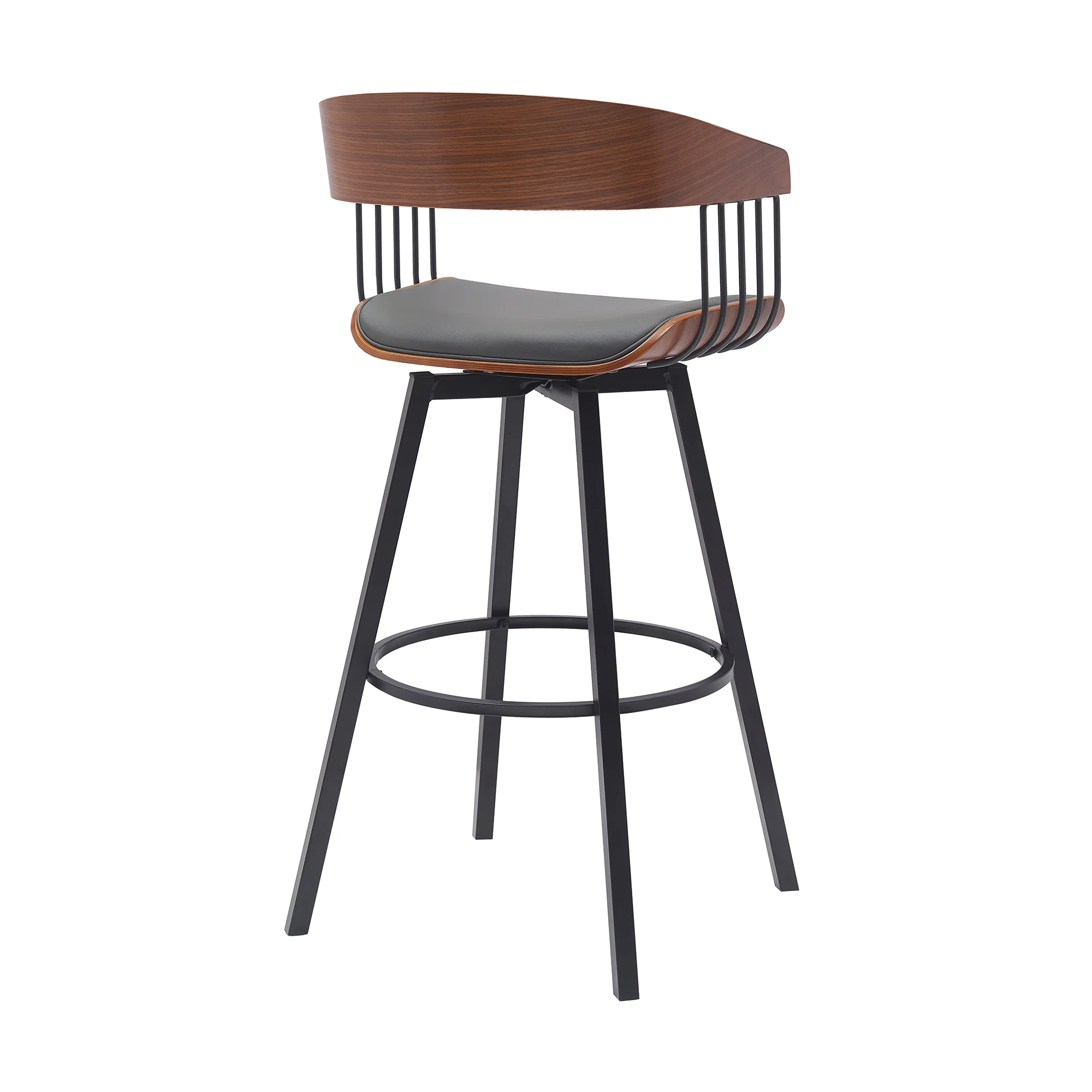 Athena 31" Swivel Walnut Wood Bar Stool in Black Faux Leather with Black Metal By Armen Living - Image 20