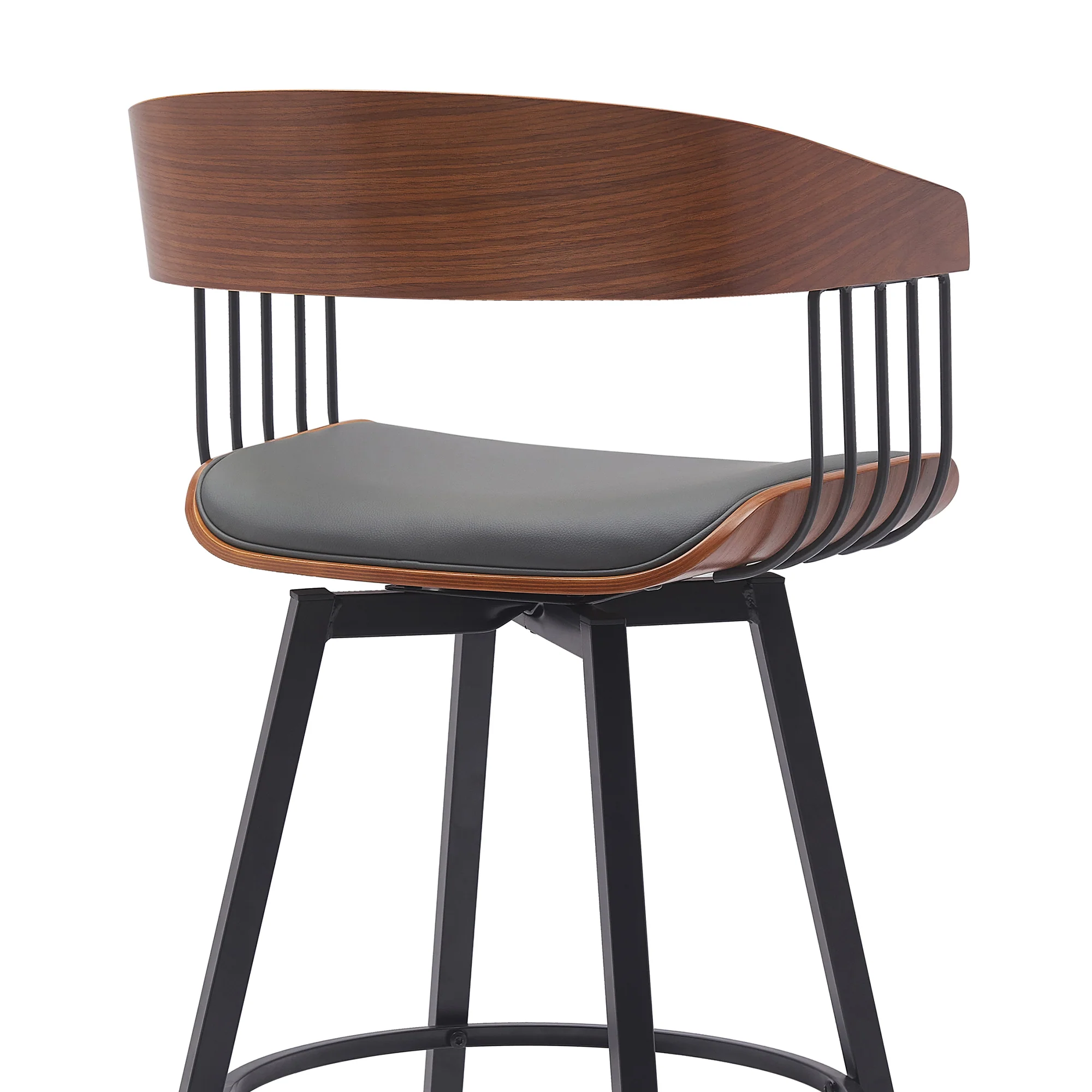 Athena 31" Swivel Walnut Wood Bar Stool in Black Faux Leather with Black Metal By Armen Living - Image 21