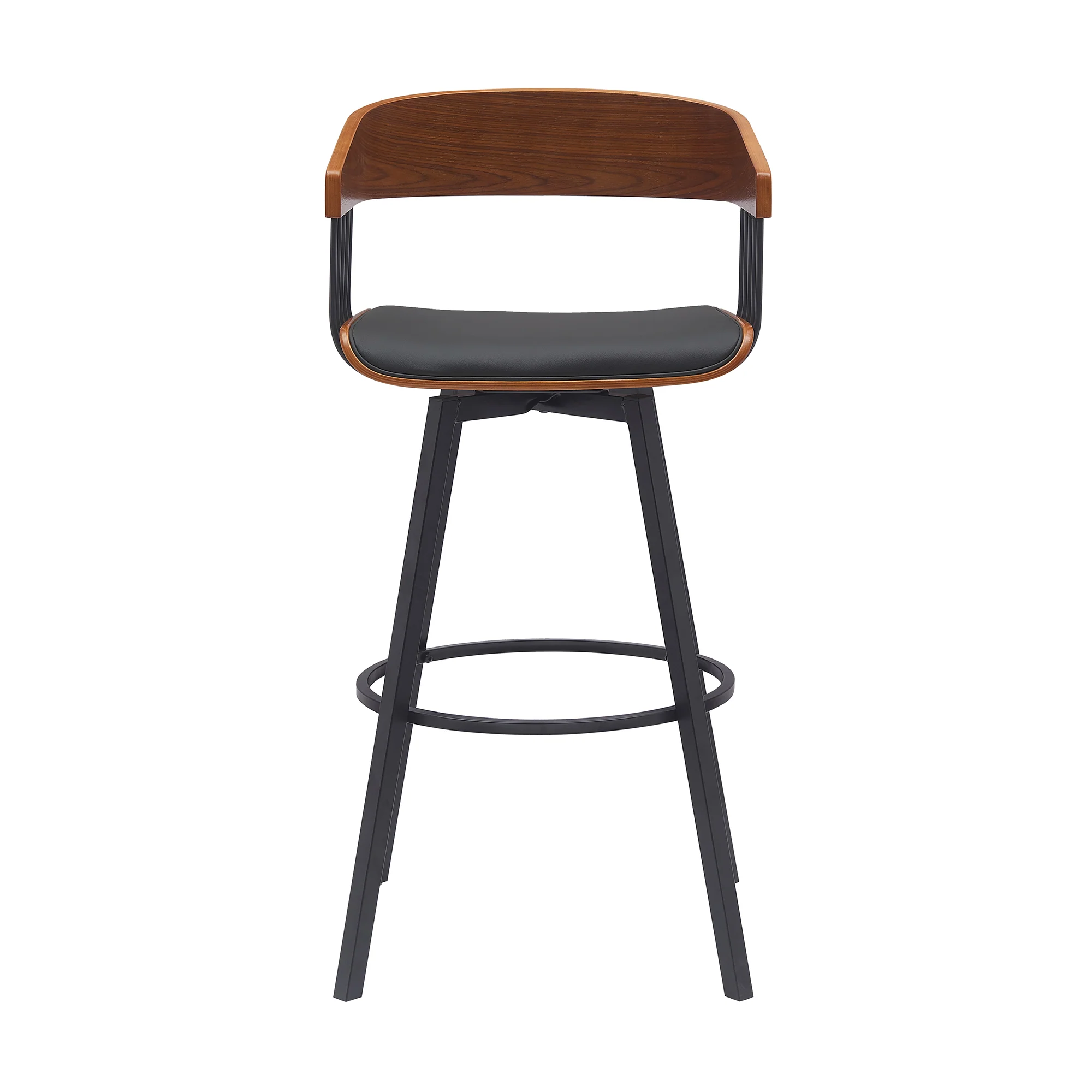 Athena 31" Swivel Walnut Wood Bar Stool in Black Faux Leather with Black Metal By Armen Living - Image 3