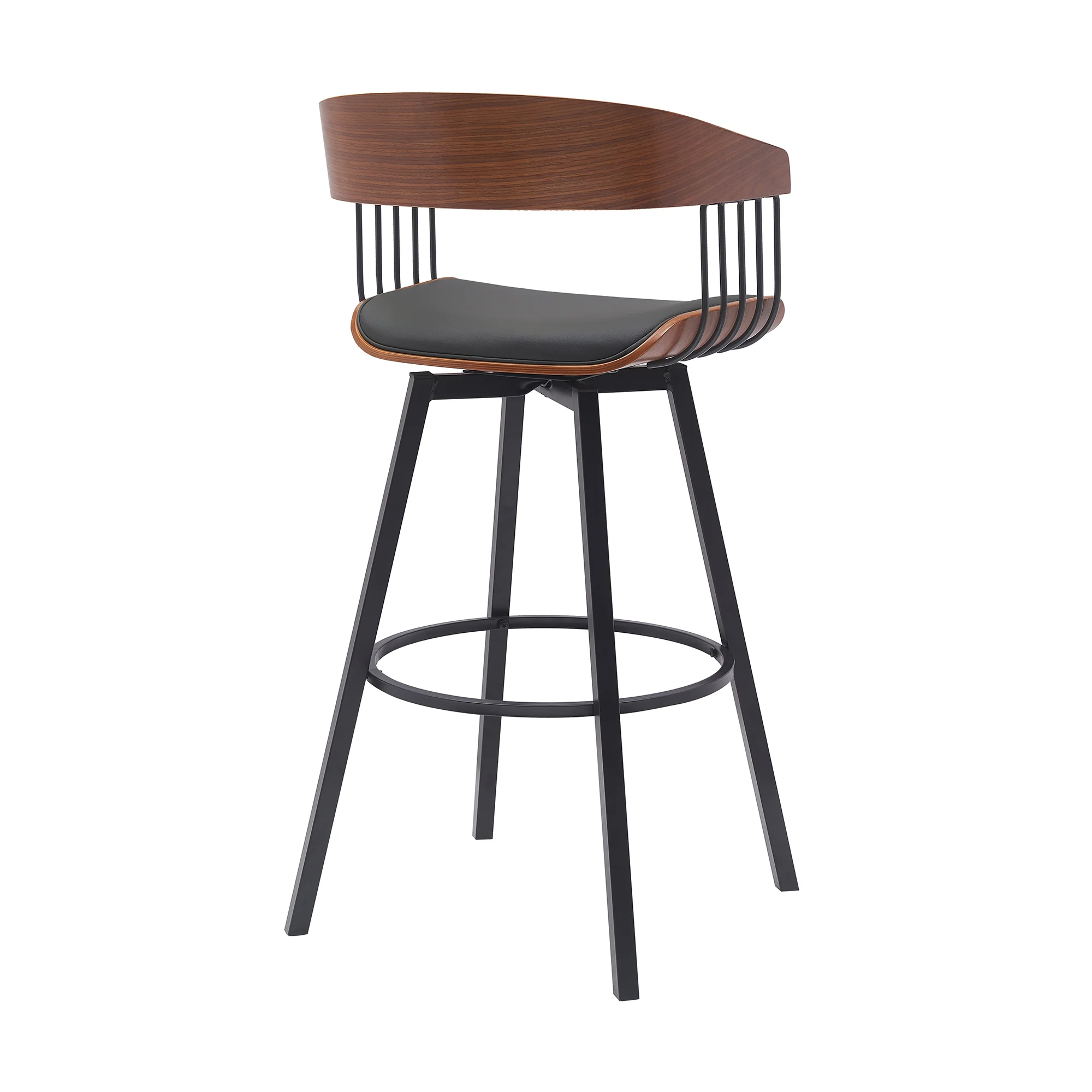 Athena 31" Swivel Walnut Wood Bar Stool in Black Faux Leather with Black Metal By Armen Living - Image 4