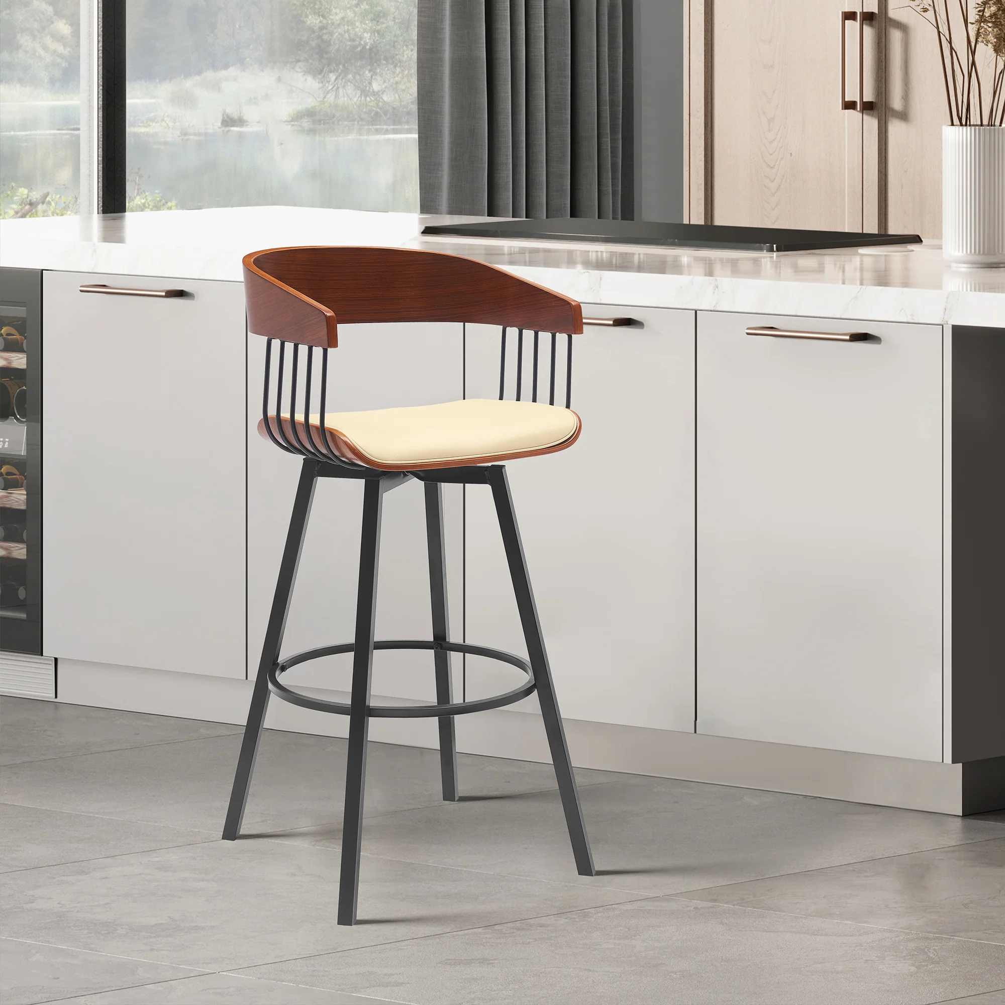 Athena 31" Swivel Walnut Wood Bar Stool in Black Faux Leather with Black Metal By Armen Living - Image 9
