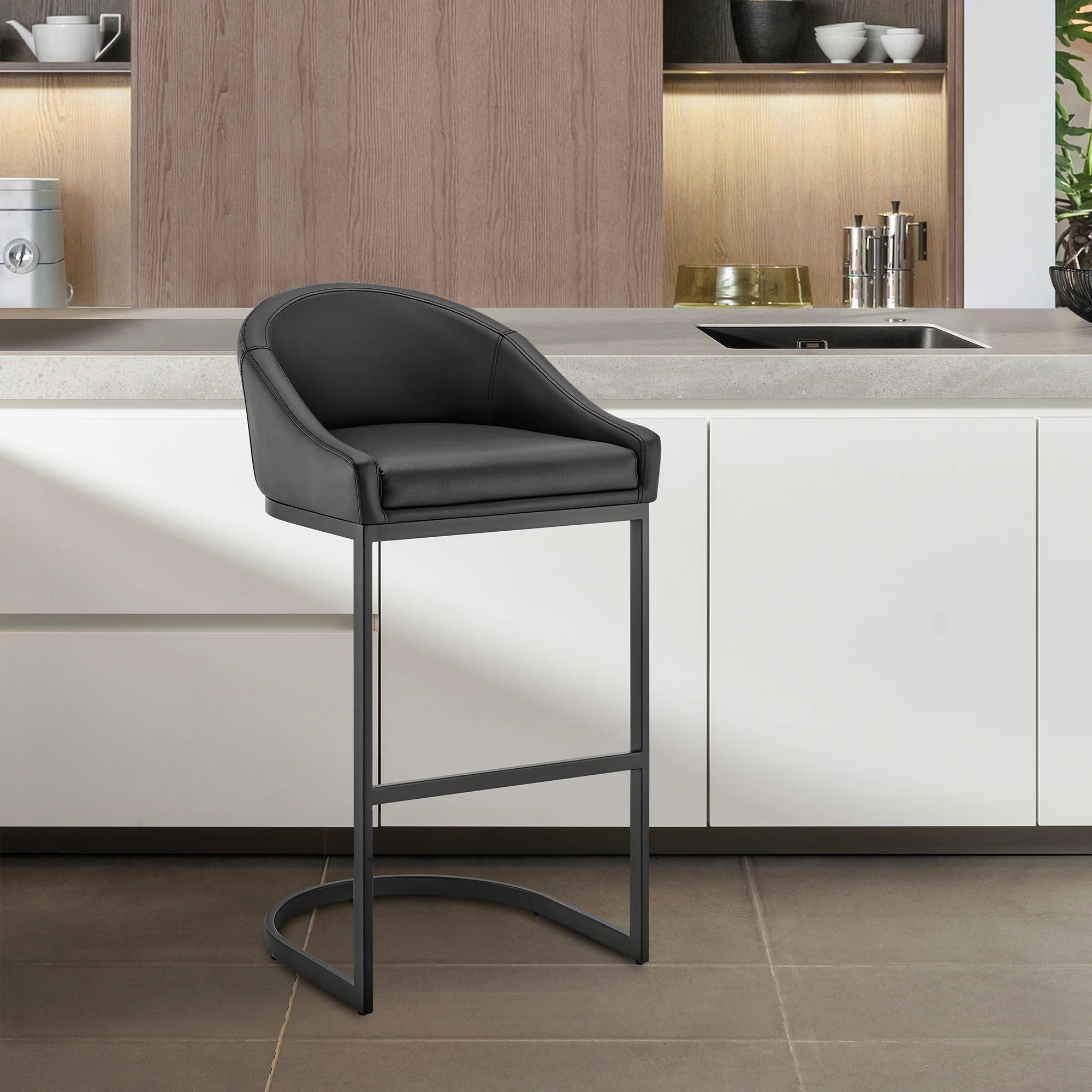 Atherik Counter Stool in Black Metal with Grey Faux Leather By Armen Living - Image 11