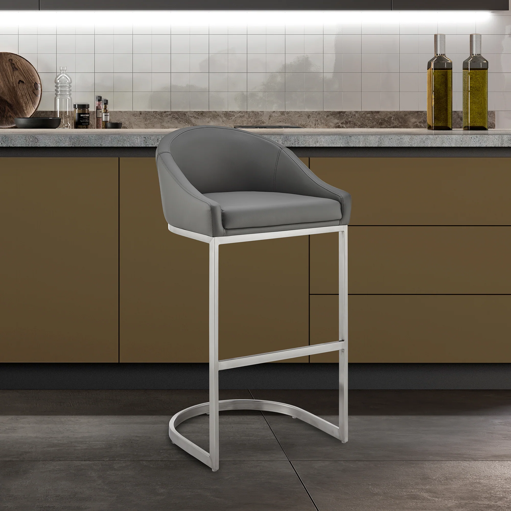 Atherik Counter Stool in Brushed Stainless Steel with White Faux Leather By Armen Living - Image 11