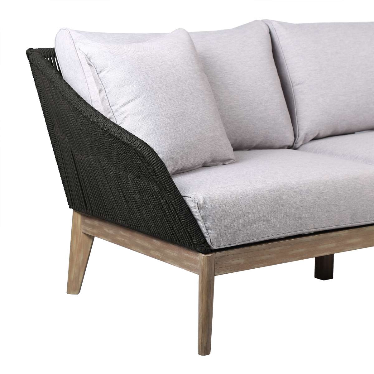 Athos Indoor Outdoor 3 Seater Sofa in Dark Eucalyptus Wood with Latte Rope and Grey Cushions By Armen Living - Image 11