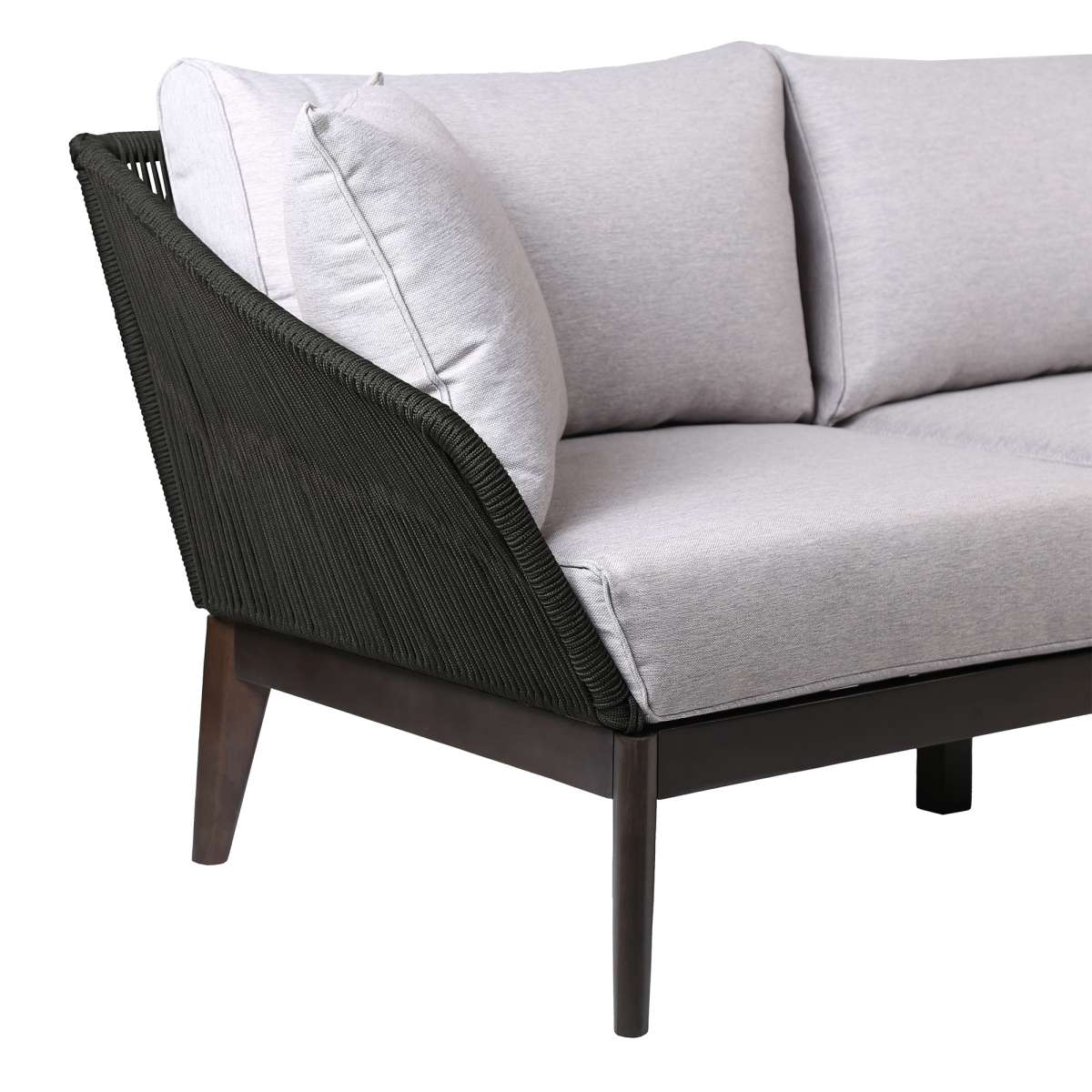 Athos Indoor Outdoor 3 Seater Sofa in Dark Eucalyptus Wood with Latte Rope and Grey Cushions By Armen Living - Image 4
