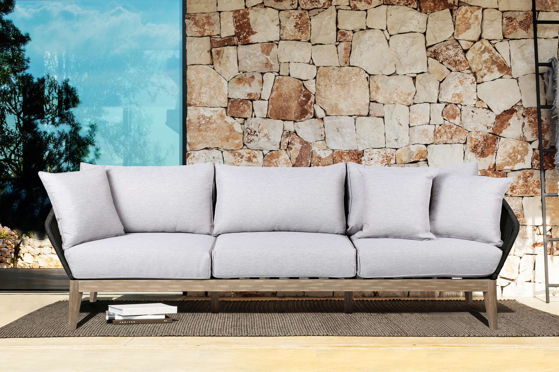 Athos Indoor Outdoor 3 Seater Sofa in Dark Eucalyptus Wood with Latte Rope and Grey Cushions By Armen Living - Image 8