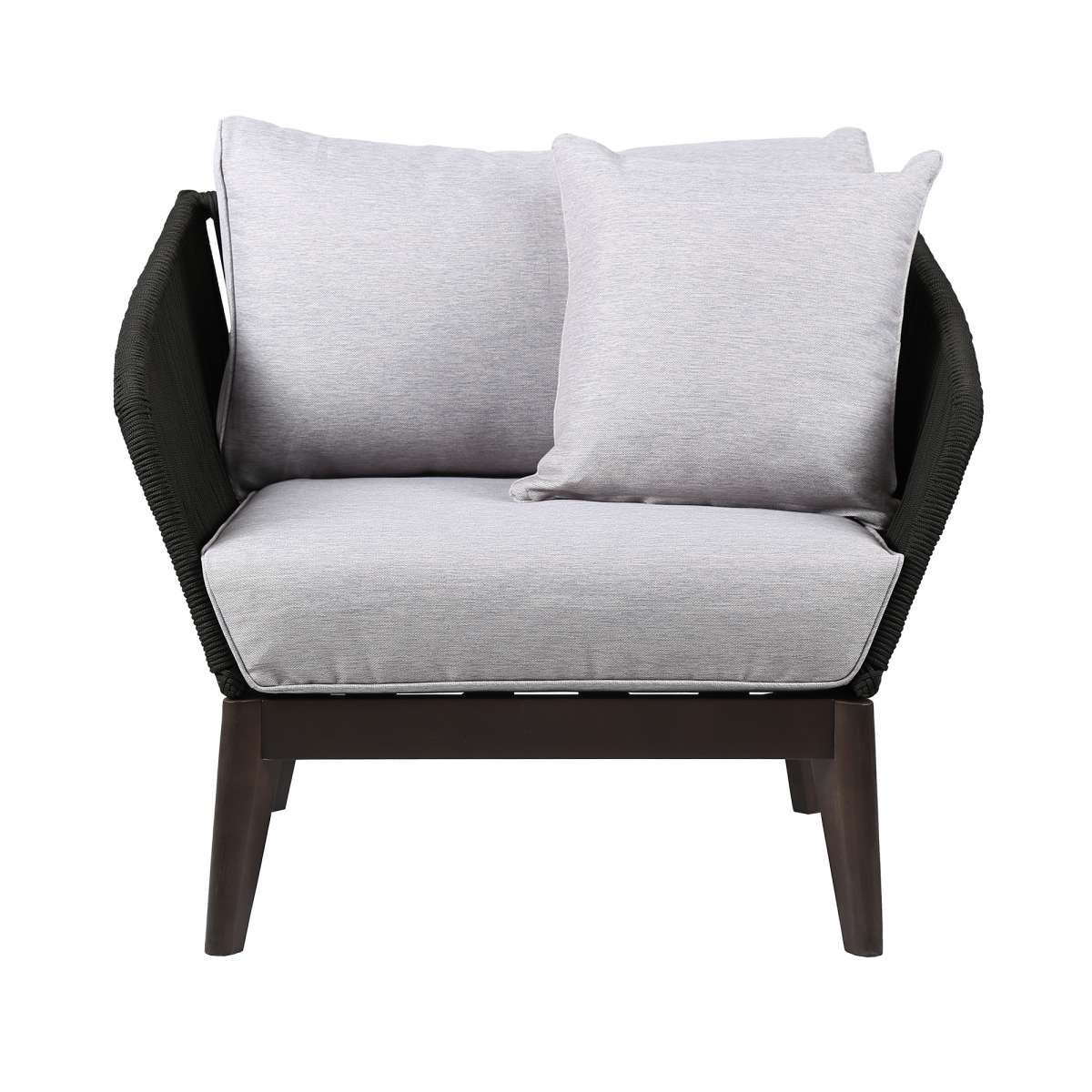 Athos Indoor Outdoor Club Chair in Dark Eucalyptus Wood with Latte Rope and Grey Cushions By Armen Living - Image 2
