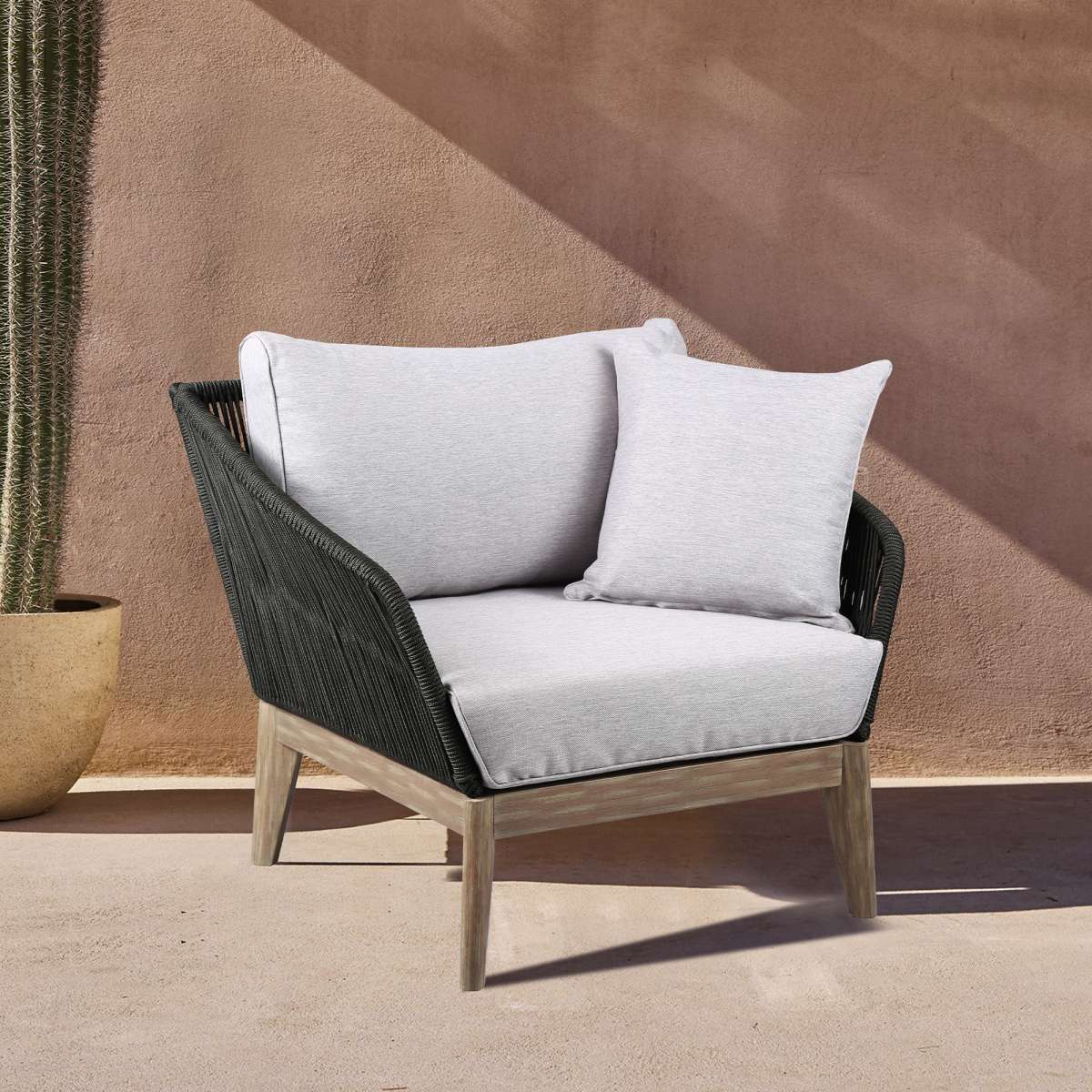 Athos Indoor Outdoor Club Chair in Dark Eucalyptus Wood with Latte Rope and Grey Cushions By Armen Living - Image 8