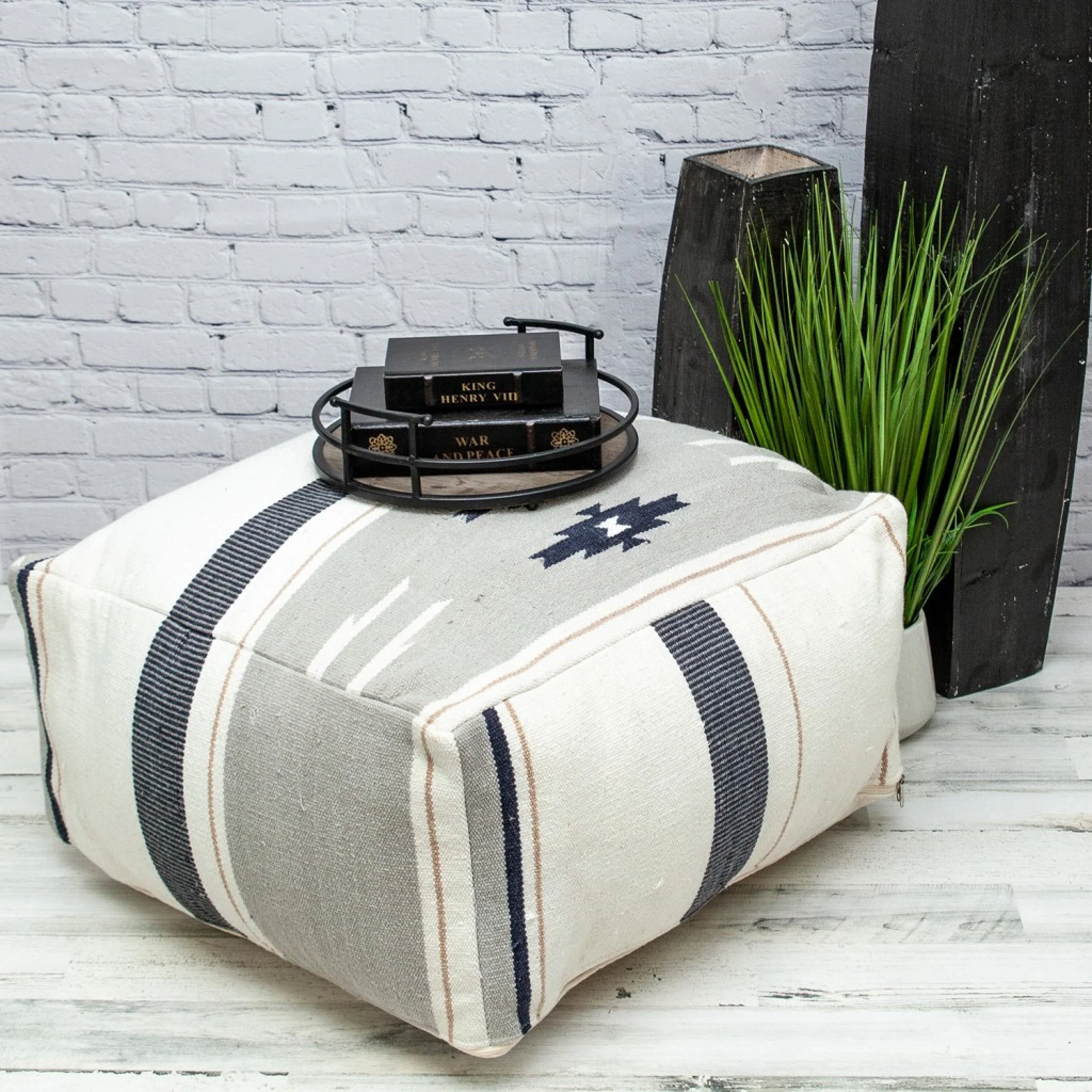 Aztec Gray Navy and Beige Pouf By Homeroots - Image 5