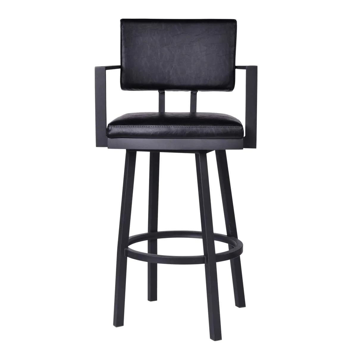 Balboa 30" Bar Height Swivel Vintage Black Faux Leather and Metal Bar Stool with Arms By Armen Living - Image 2