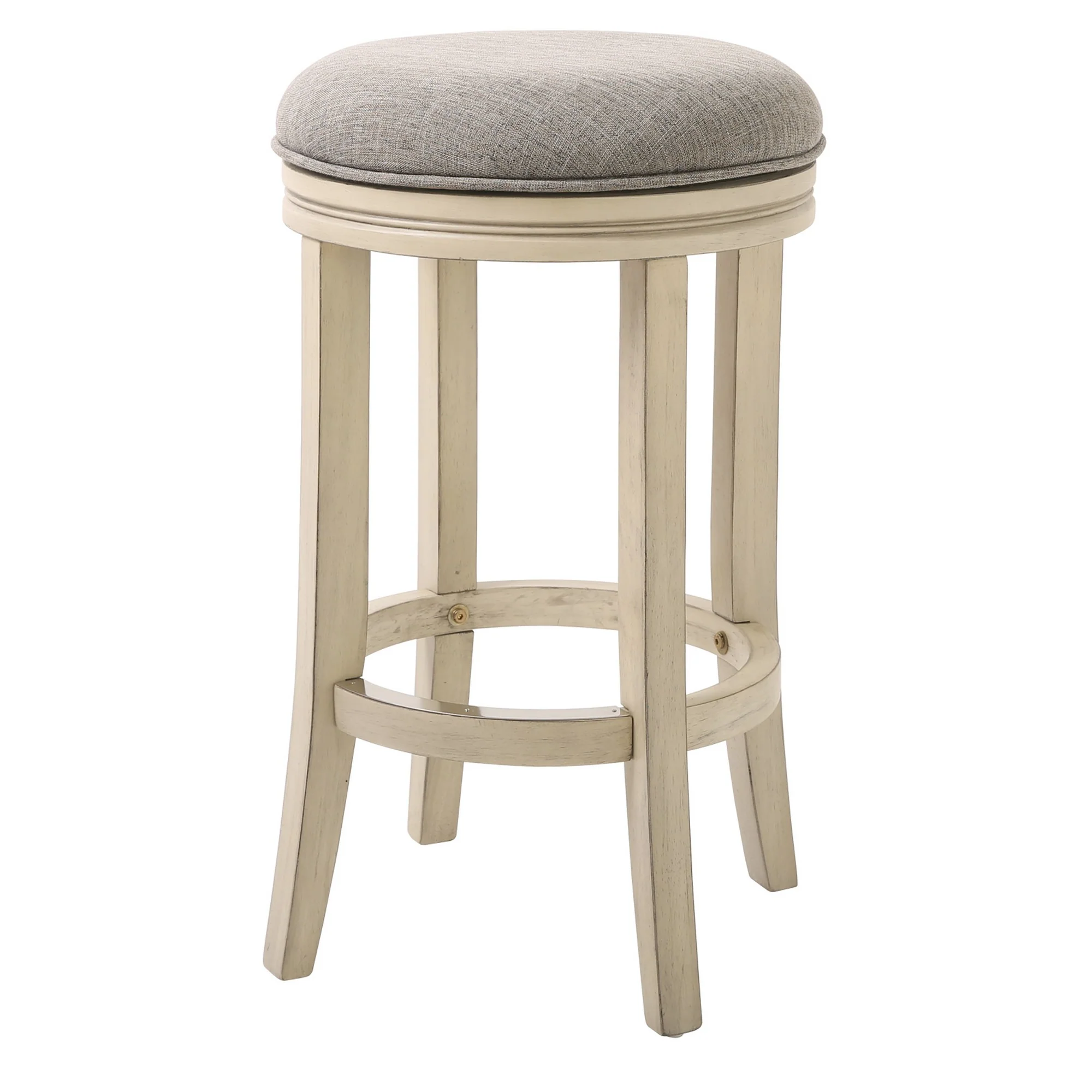 Bar Height Round Swivel Solid Wood Stool In Distressed Ivory Finished With Quartz Fabric By Homeroots - Image 2