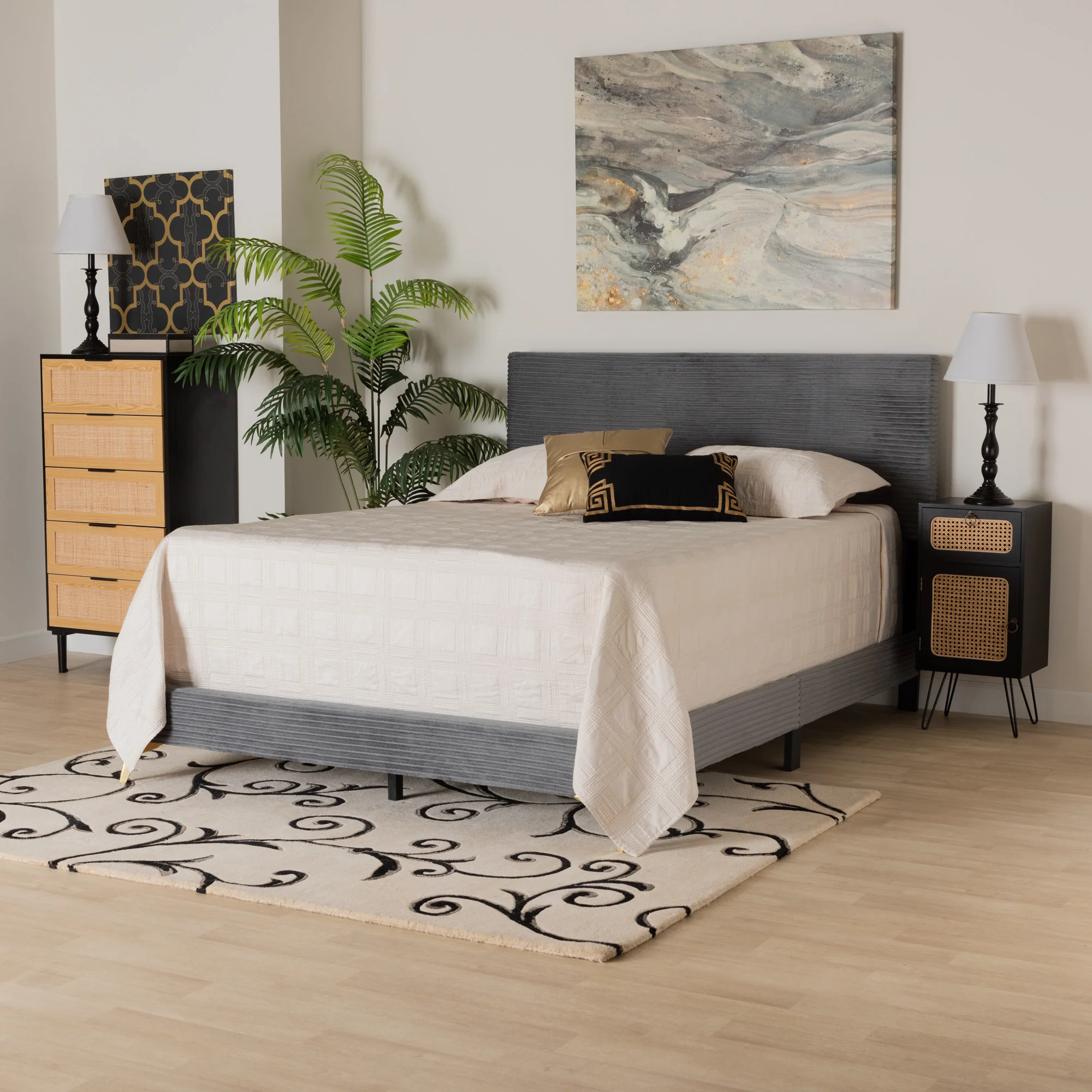 Baxton Studio Abberton Modern and Contemporary Black Velvet and Gold Metal Queen Size Panel Bed - Image 10