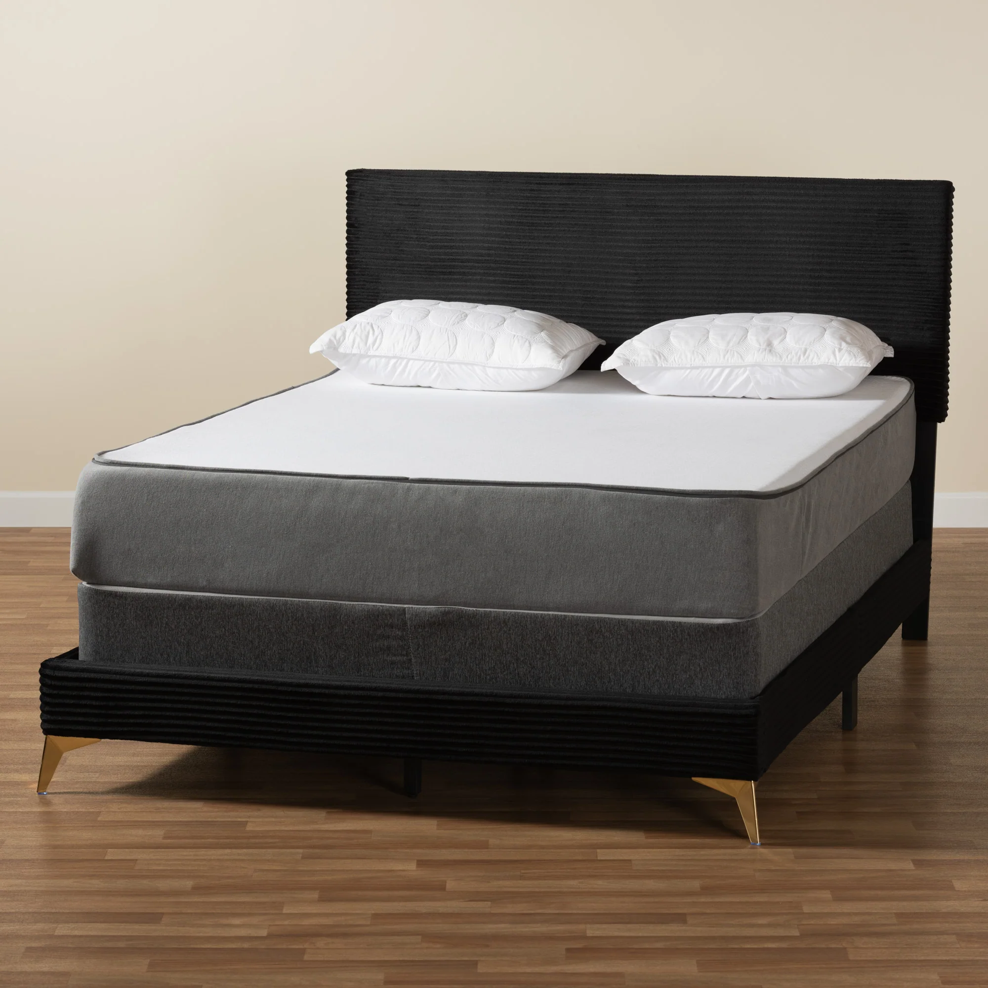 Baxton Studio Abberton Modern and Contemporary Black Velvet and Gold Metal Queen Size Panel Bed - Image 9