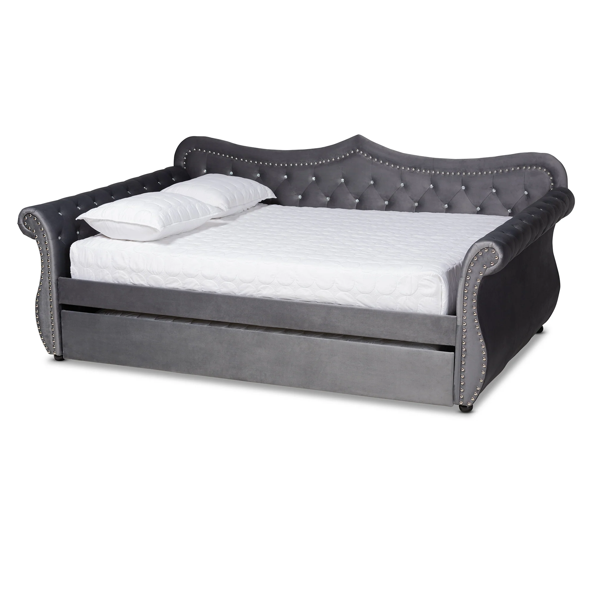 Baxton Studio Abbie Traditional and Transitional Grey Velvet Fabric Upholstered and Crystal Tufted Queen Size Daybed with Trundle - Image 2