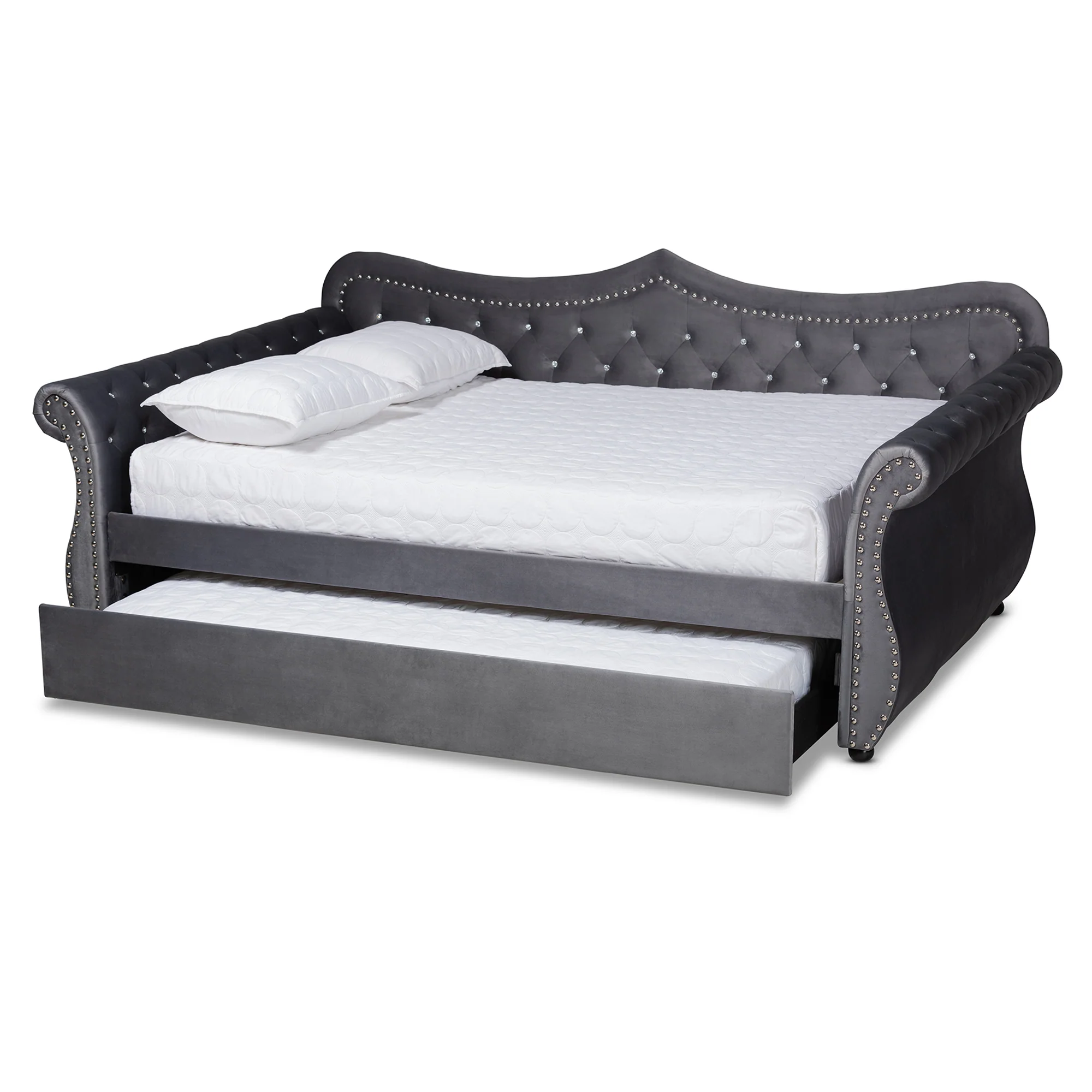 Baxton Studio Abbie Traditional and Transitional Grey Velvet Fabric Upholstered and Crystal Tufted Queen Size Daybed with Trundle - Image 3