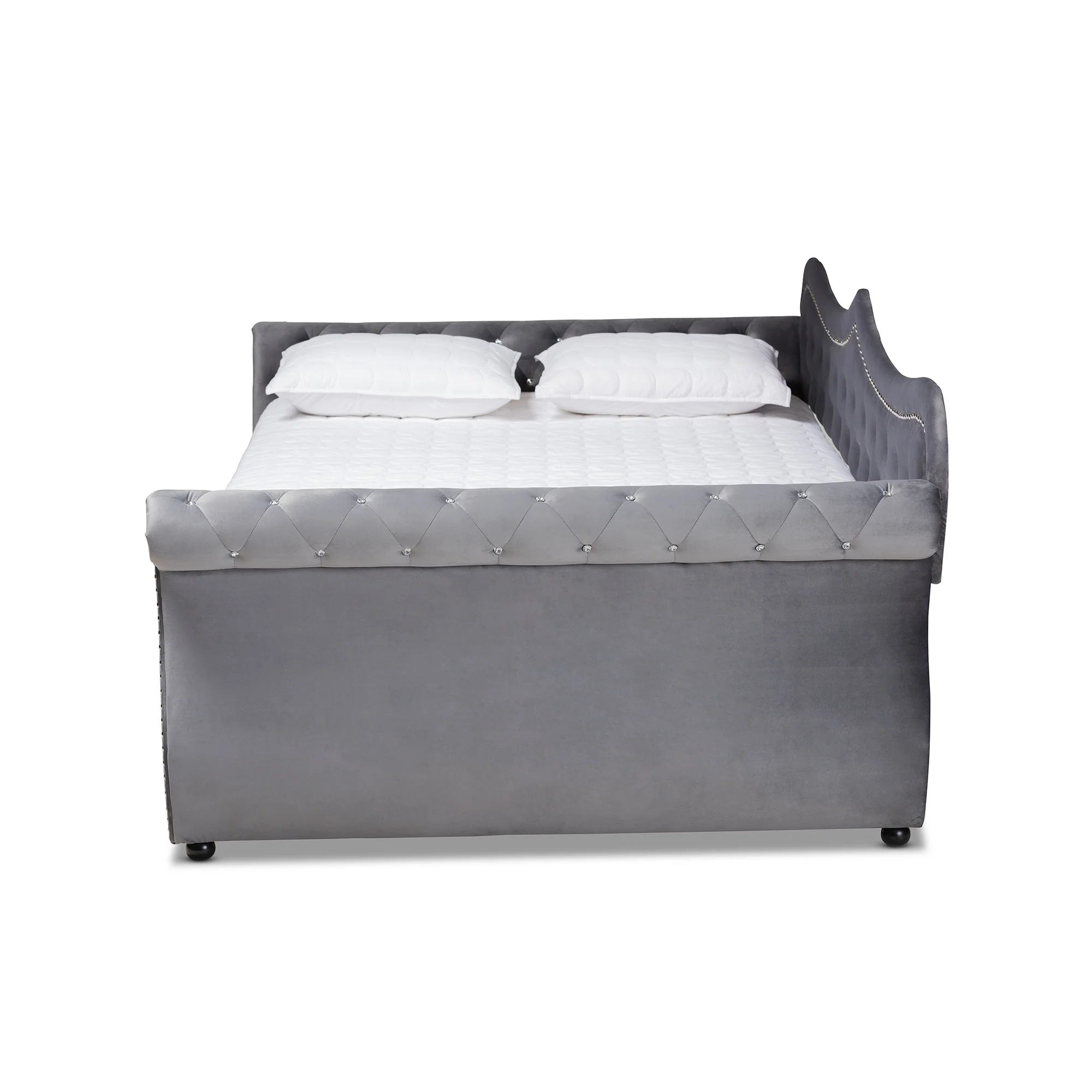 Baxton Studio Abbie Traditional and Transitional Grey Velvet Fabric Upholstered and Crystal Tufted Queen Size Daybed with Trundle - Image 4