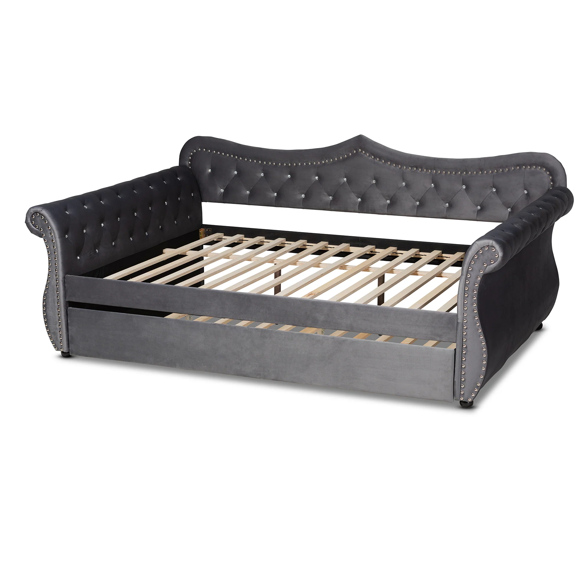 Baxton Studio Abbie Traditional and Transitional Grey Velvet Fabric Upholstered and Crystal Tufted Queen Size Daybed with Trundle - Image 5