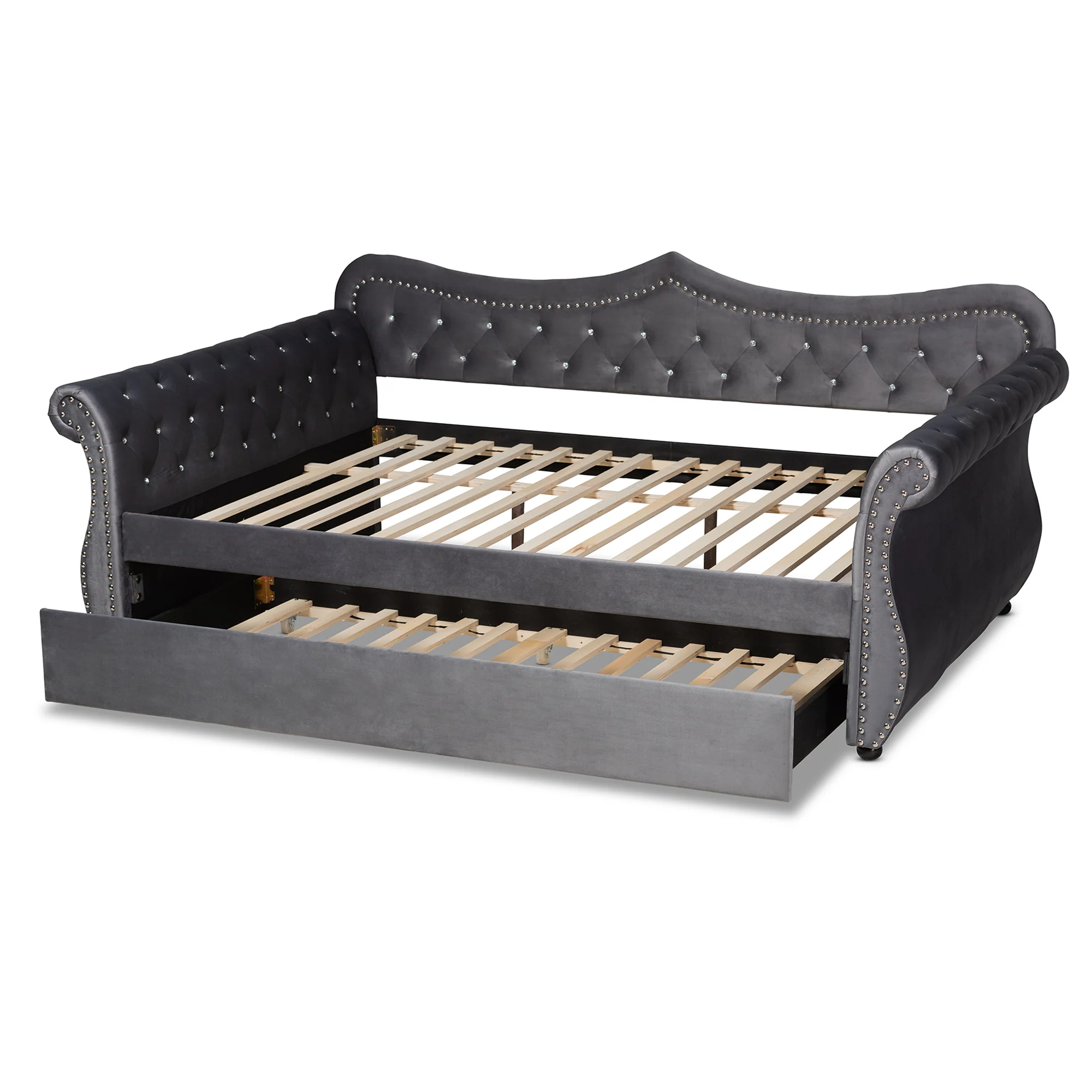 Baxton Studio Abbie Traditional and Transitional Grey Velvet Fabric Upholstered and Crystal Tufted Queen Size Daybed with Trundle - Image 6