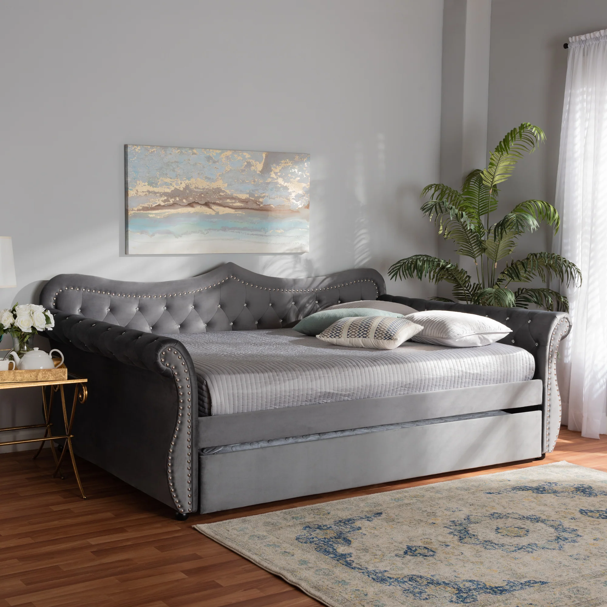 Baxton Studio Abbie Traditional and Transitional Grey Velvet Fabric Upholstered and Crystal Tufted Queen Size Daybed with Trundle - Image 9