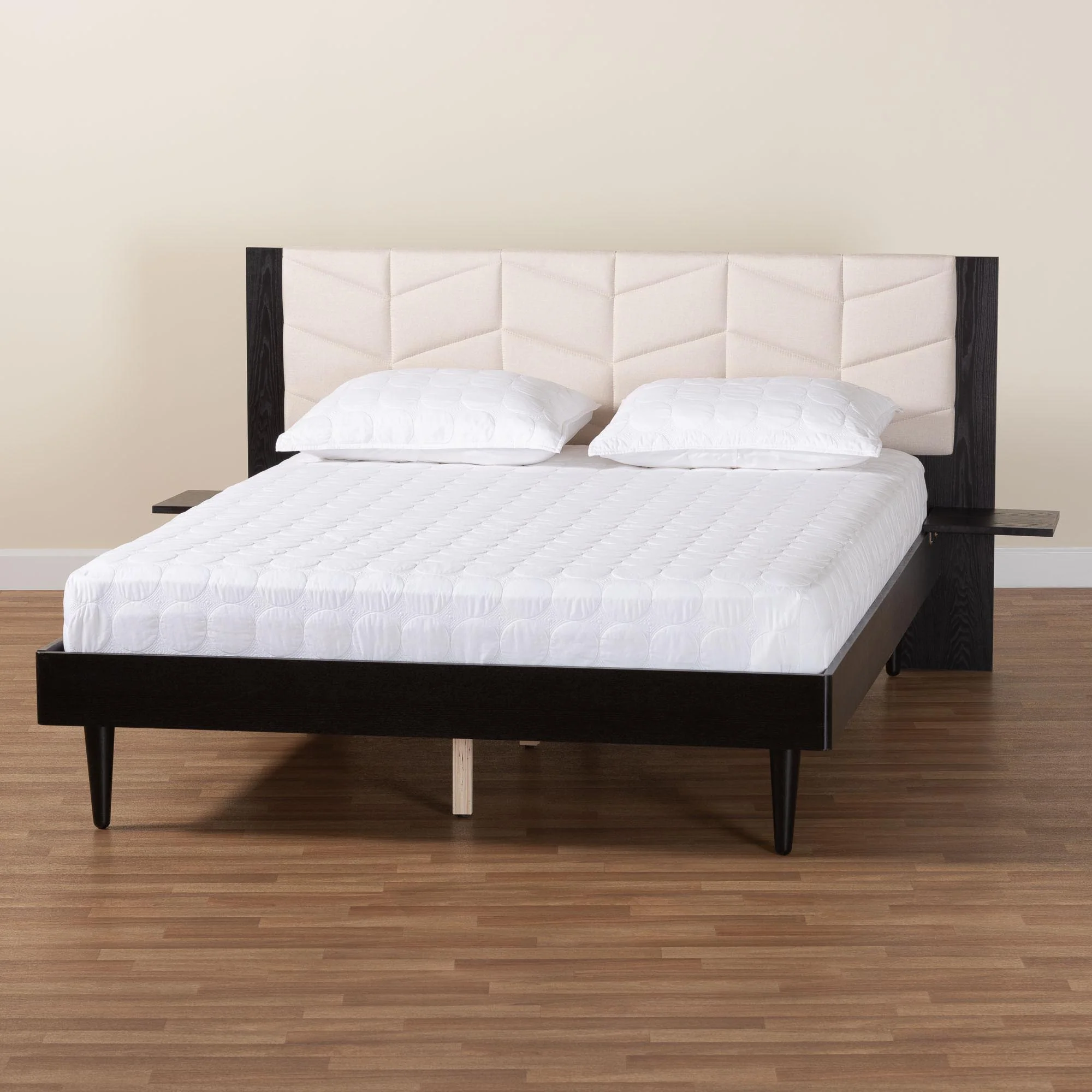 Baxton Studio Adriano Transitional Beige Fabric and Black Wood Queen Size Bed with Built-In Side Tables - Image 3