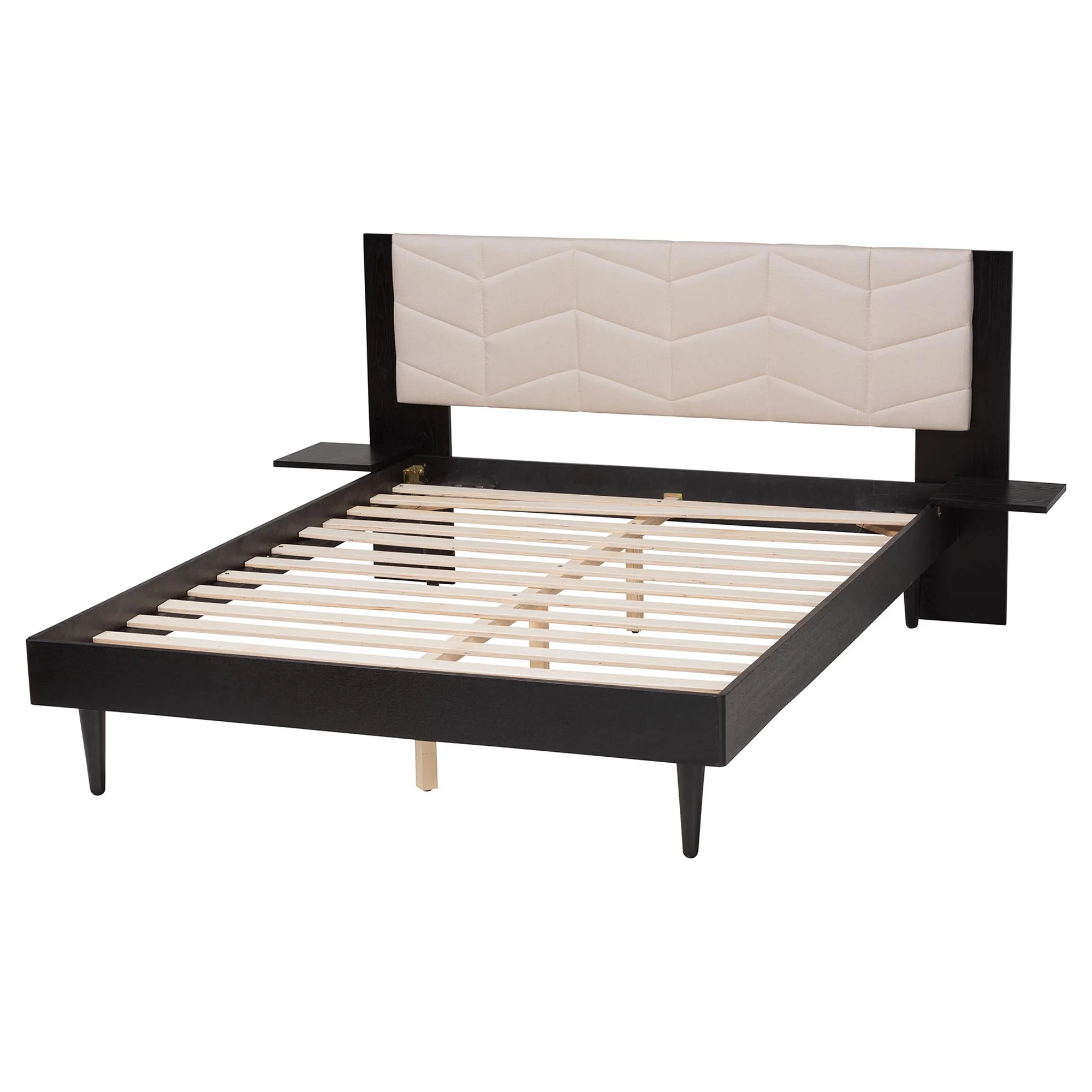 Baxton Studio Adriano Transitional Beige Fabric and Black Wood Queen Size Bed with Built-In Side Tables - Image 7