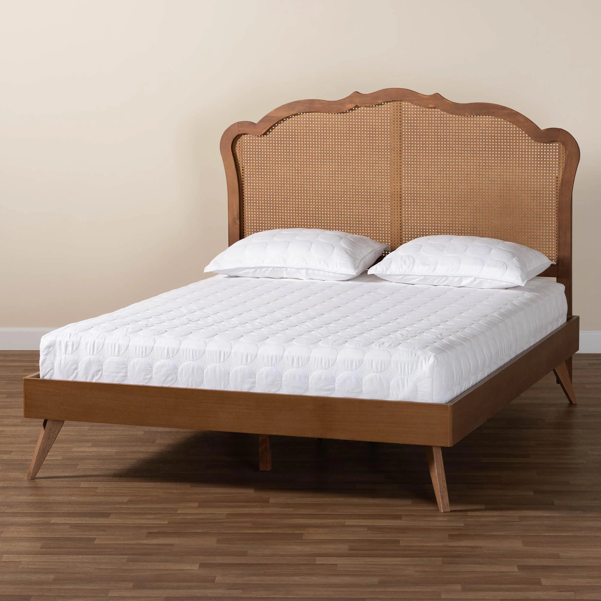 Baxton Studio Aithan Mid-Century Walnut Brown Wood and Rattan Queen Size Platform Bed - Image 2