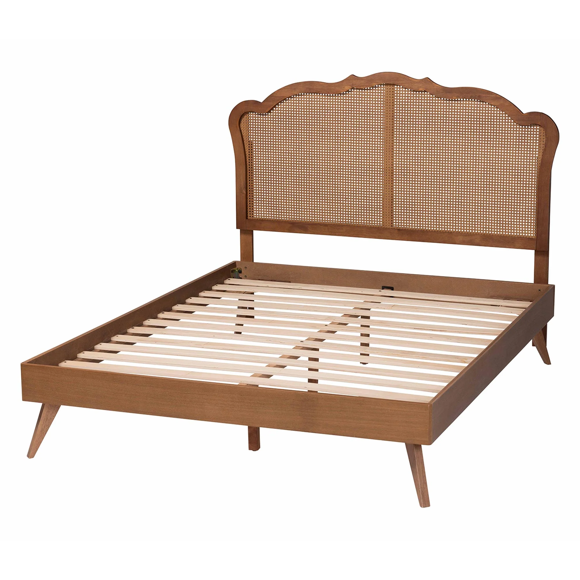 Baxton Studio Aithan Mid-Century Walnut Brown Wood and Rattan Queen Size Platform Bed - Image 8