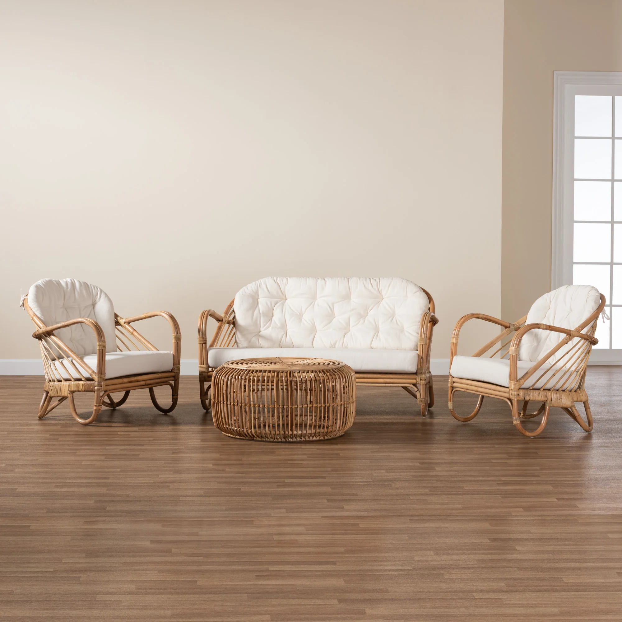 Baxton Studio Aliane Modern Bohemian Natural Brown Antique Rattan 4-Piece Living Room Set - Image 4