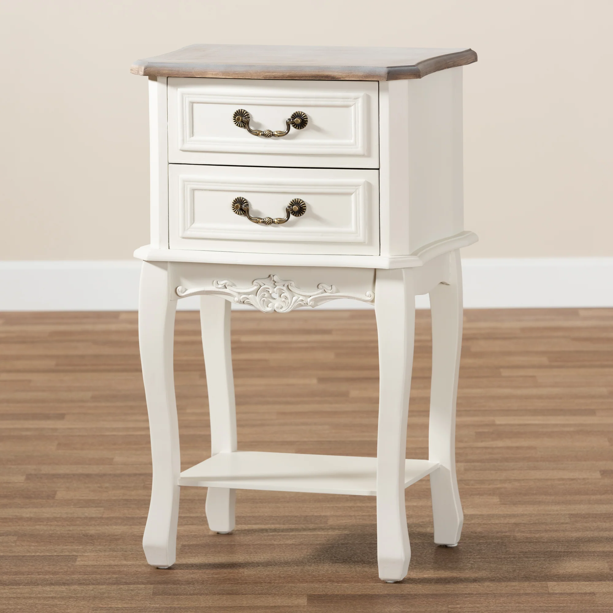Baxton Studio Amalie Antique French Country Cottage Two-Tone White and Oak Finished 2-Drawer Wood End Table - Image 2