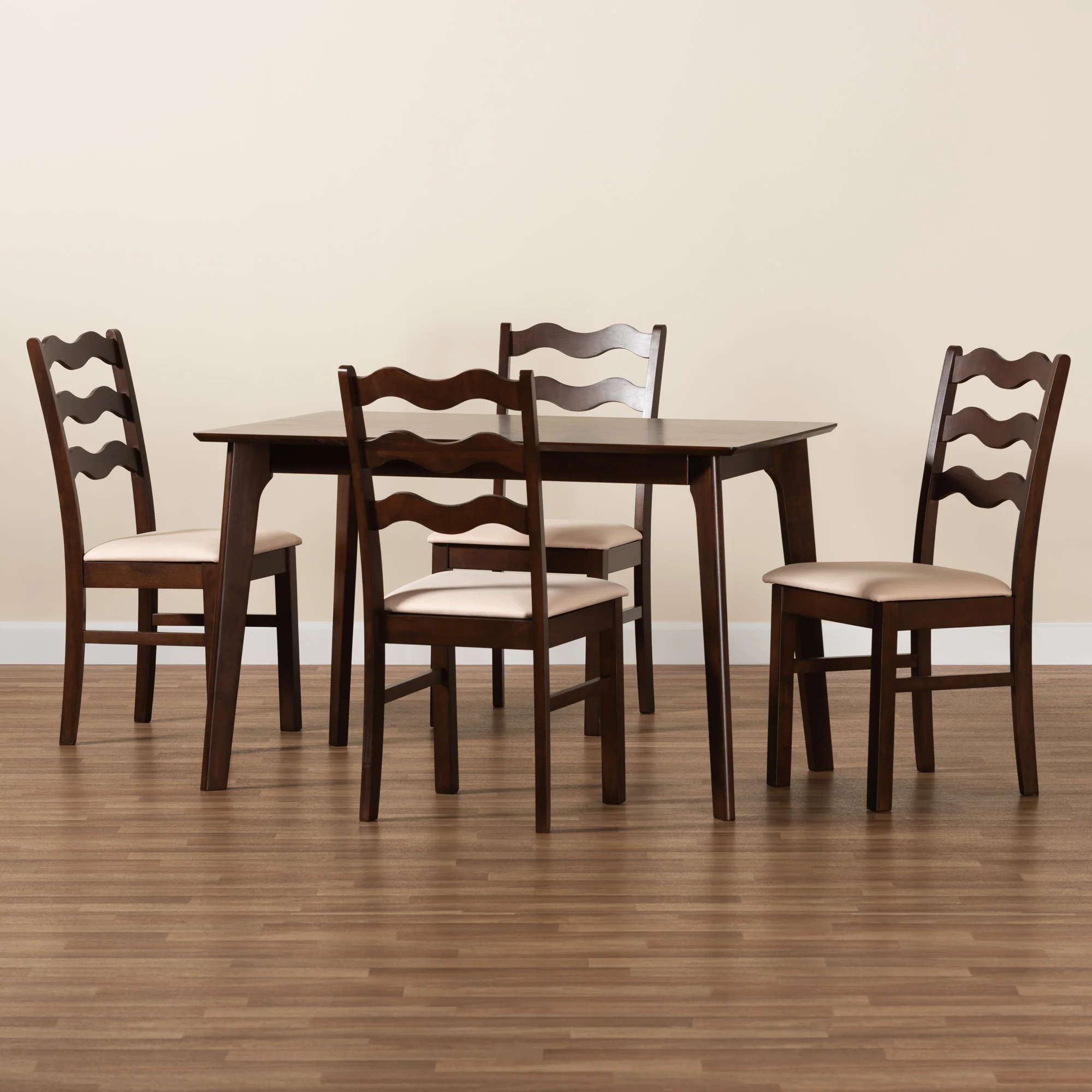 Baxton Studio Amara Mid-Century Modern Cream Fabric and Dark Brown Finished Wood 5-Piece Dining Set - Image 2