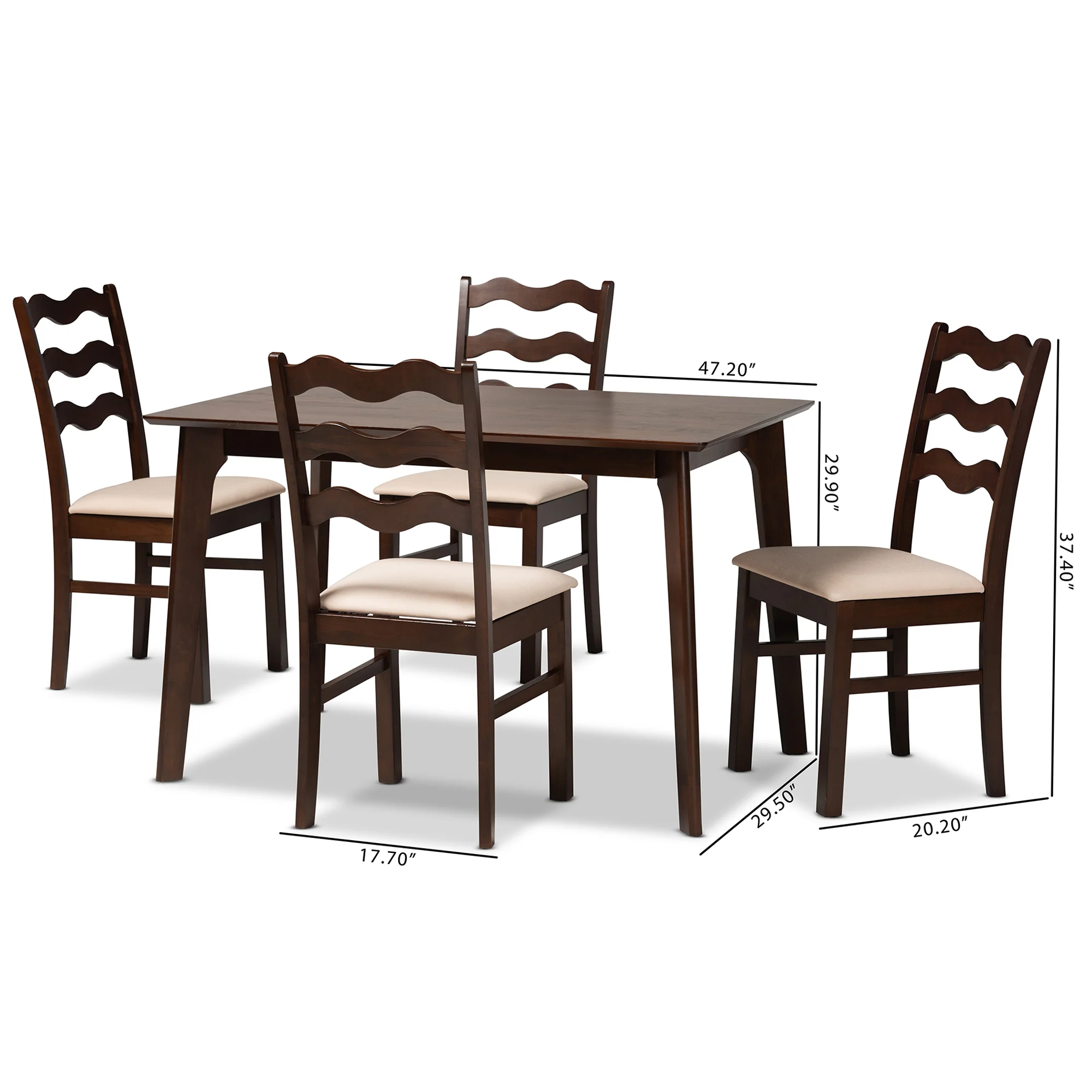 Baxton Studio Amara Mid-Century Modern Cream Fabric and Dark Brown Finished Wood 5-Piece Dining Set - Image 3