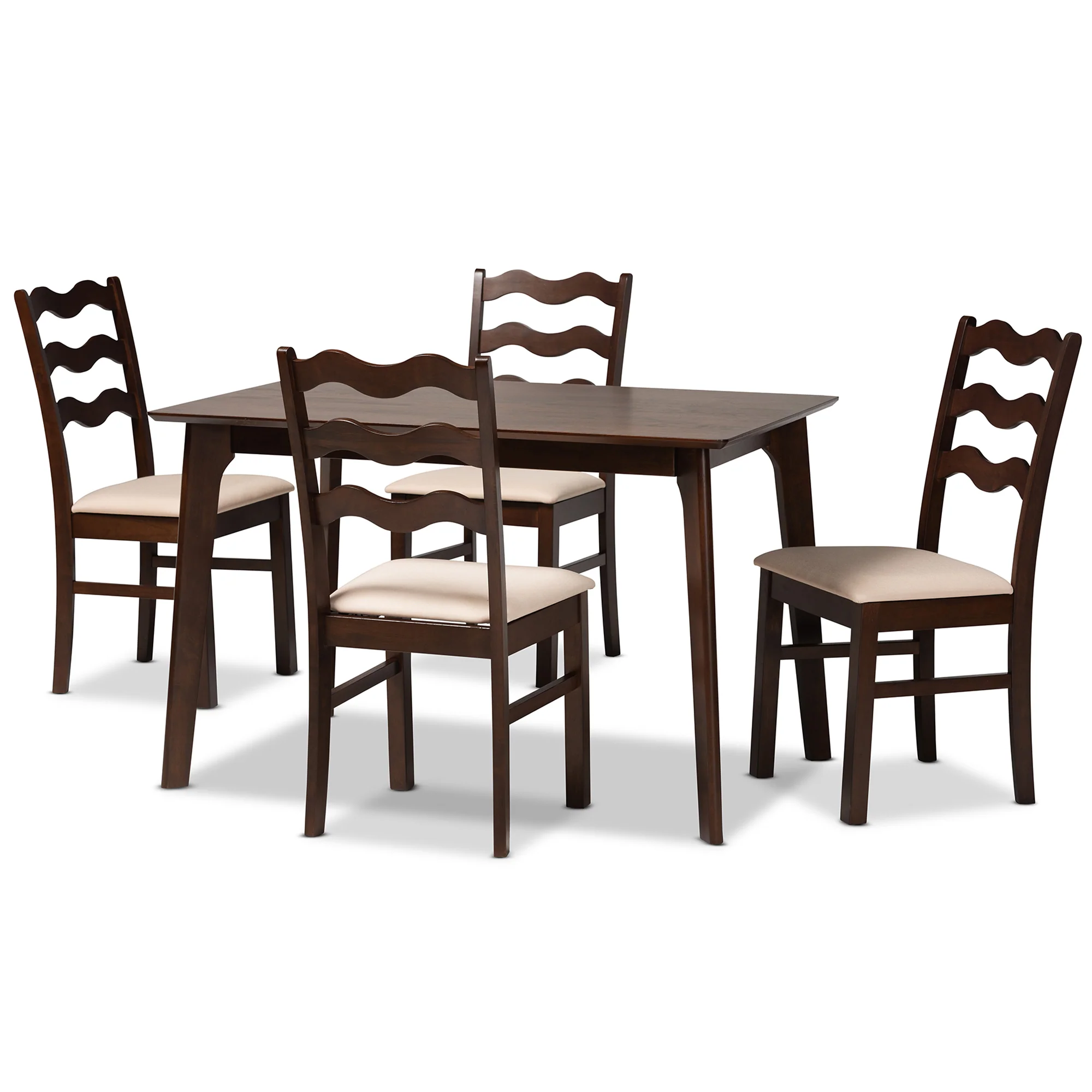 Baxton Studio Amara Mid-Century Modern Cream Fabric and Dark Brown Finished Wood 5-Piece Dining Set - Image 4
