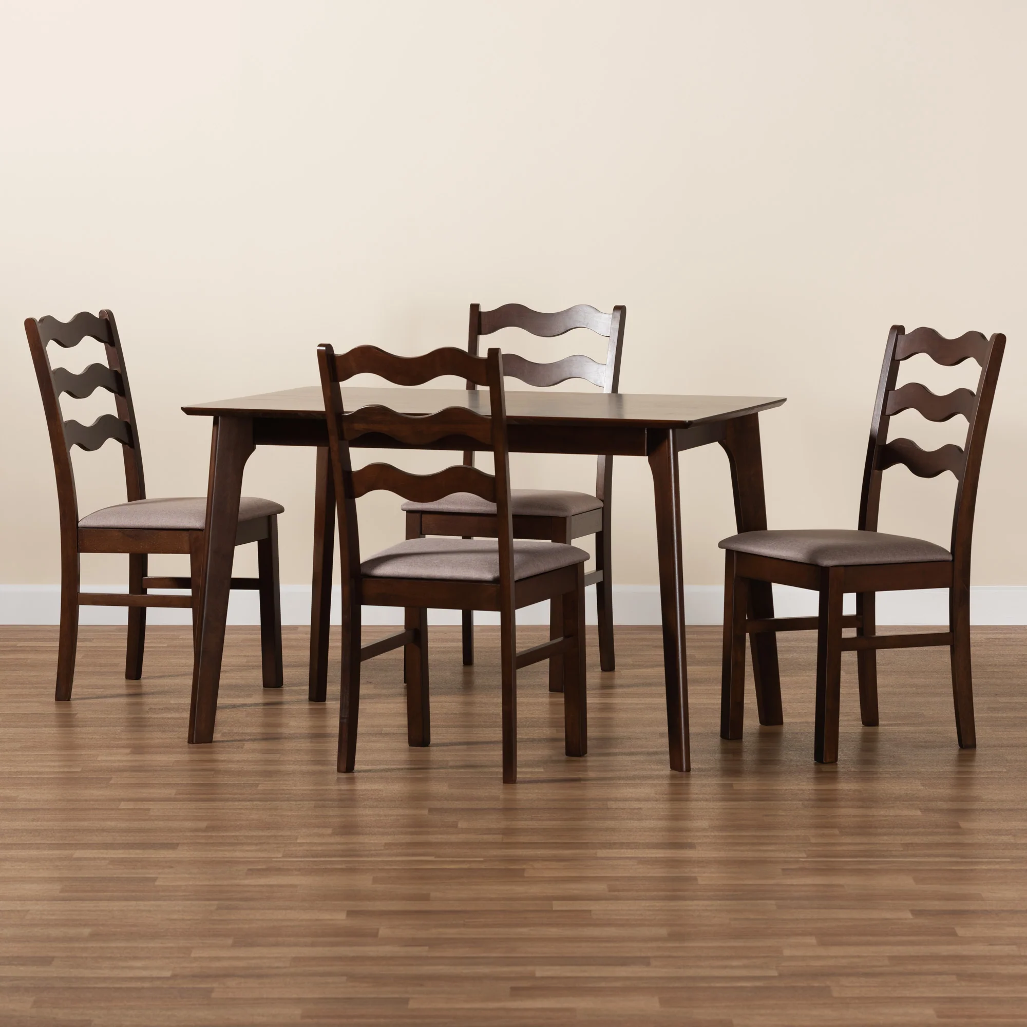 Baxton Studio Amara Mid-Century Modern Warm Grey Fabric and Dark Brown Finished Wood 5-Piece Dining Set - Image 2