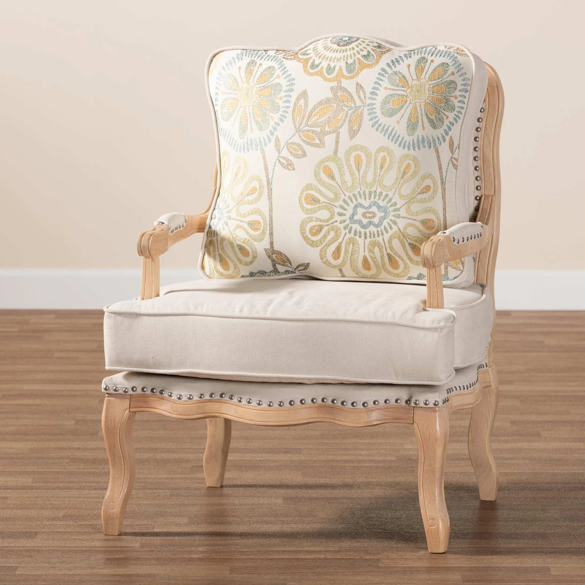 Baxton Studio Andre Traditional French Quilted Fabric and Whitewash Finished Wood Accent Chair - Image 9